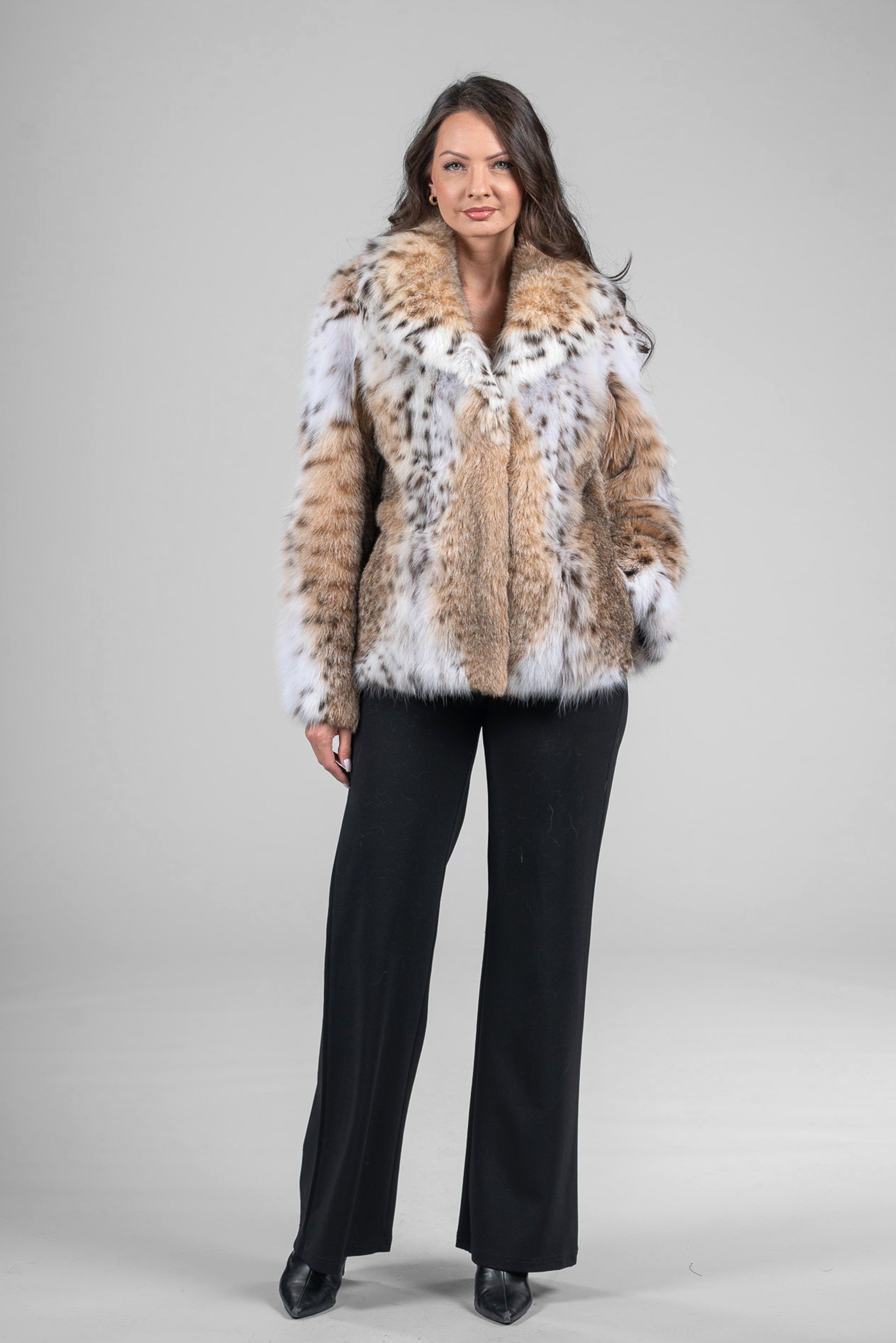 Bobcat Fur Jacket with Notch Collar in Natural Spotted Pattern 13C528S20