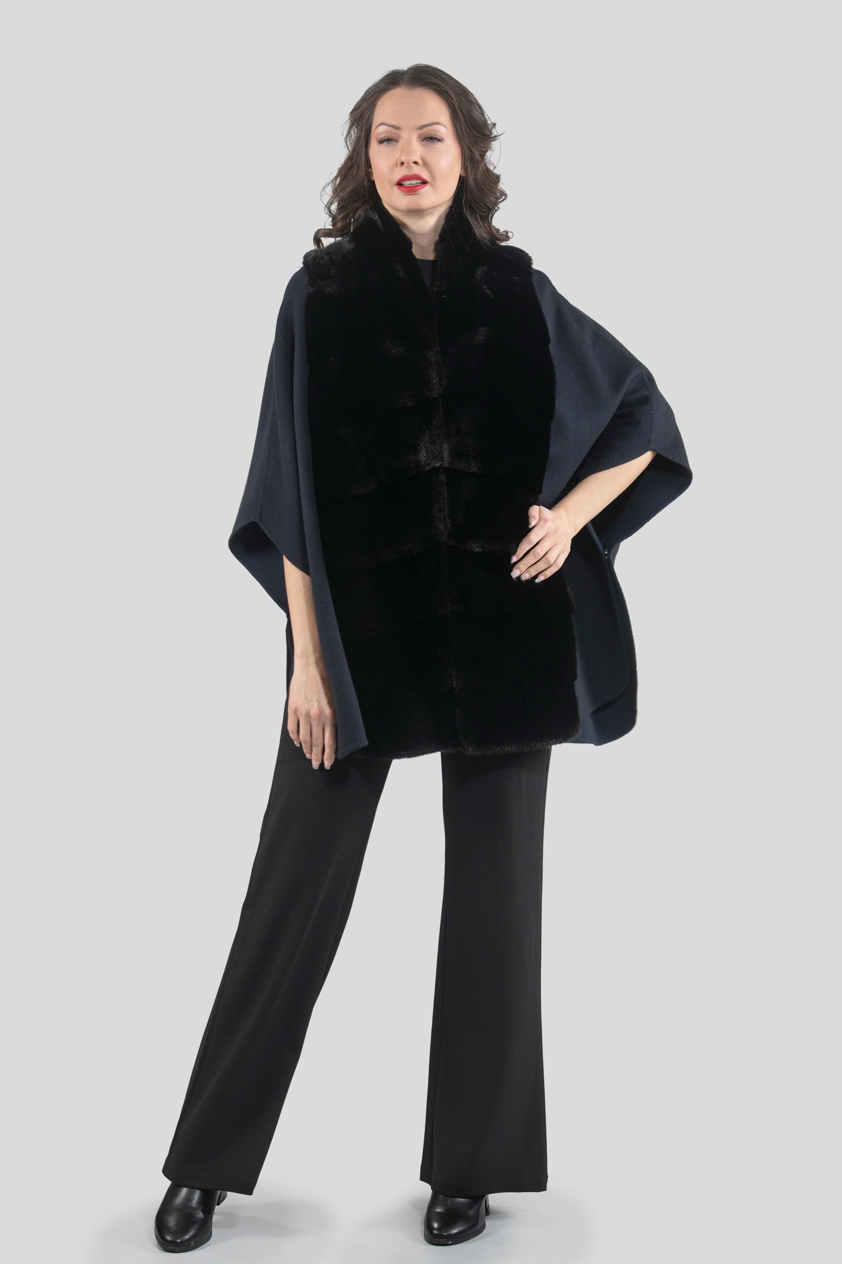 Blue Black Cashmere Cape with Mink Trim 18M950