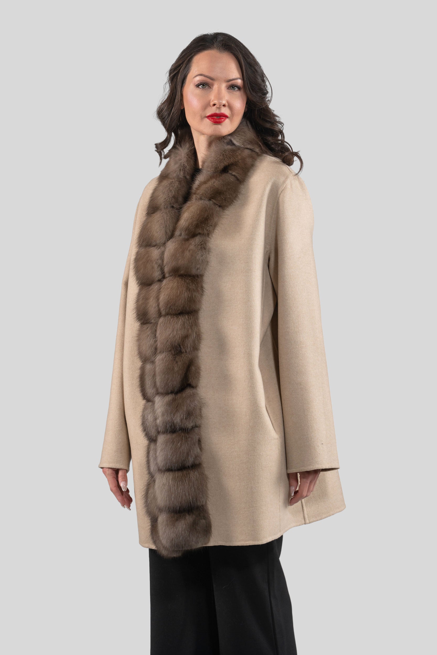 Ecru Cashmere Half Coat with Russian Sable Trim 21C6080