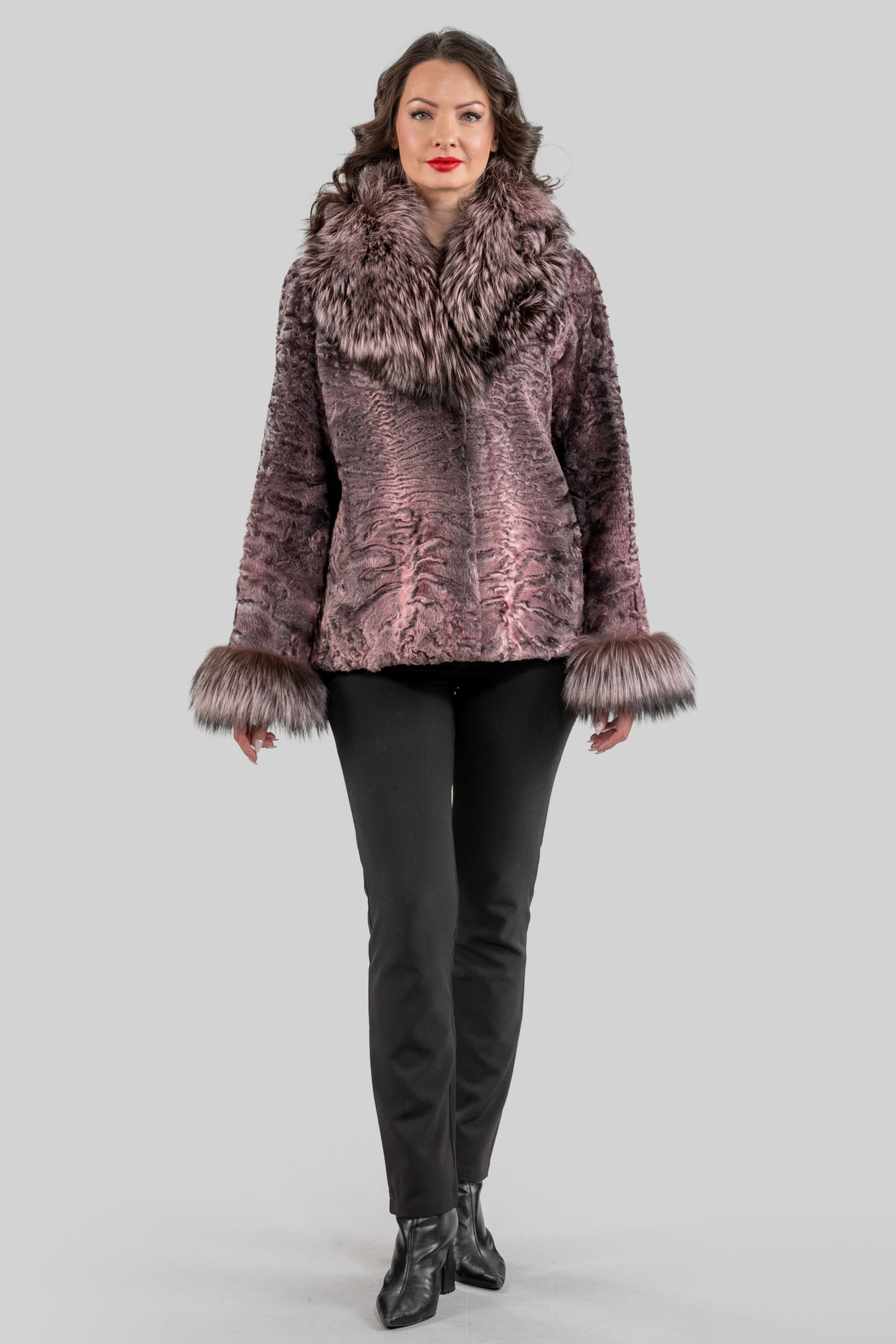 Swakara Jacket With Fox Fur Trim Notch Collar and Cuffs in Pink S/S13C528s20