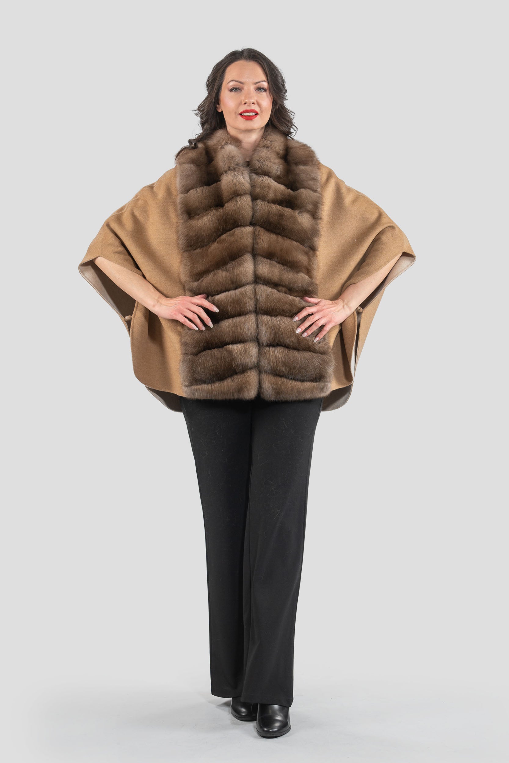Beige Cashmere Cape with Russian Sable Trim 18M95088