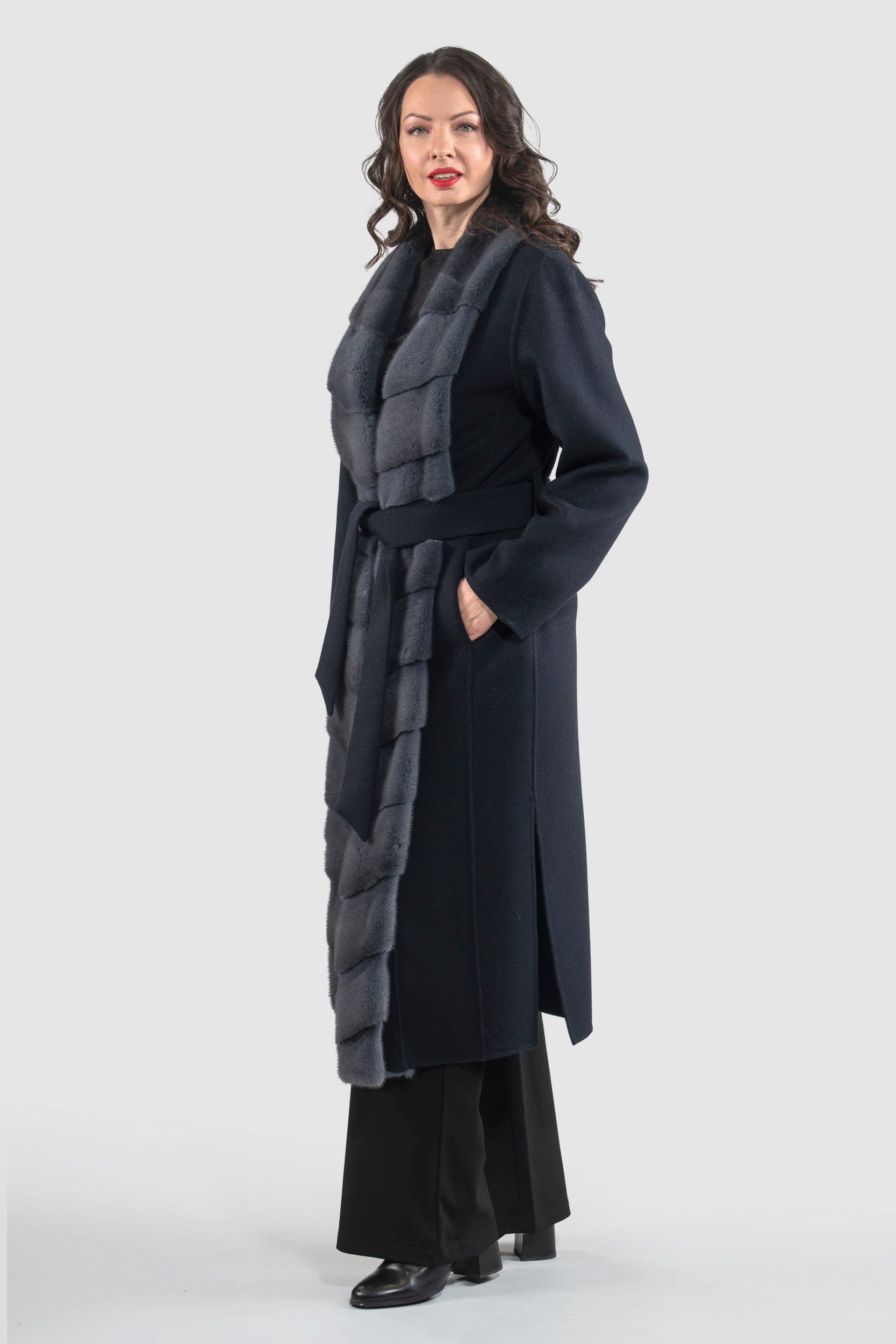 Blue Black Cashmere Coat with Mink Trim 3321