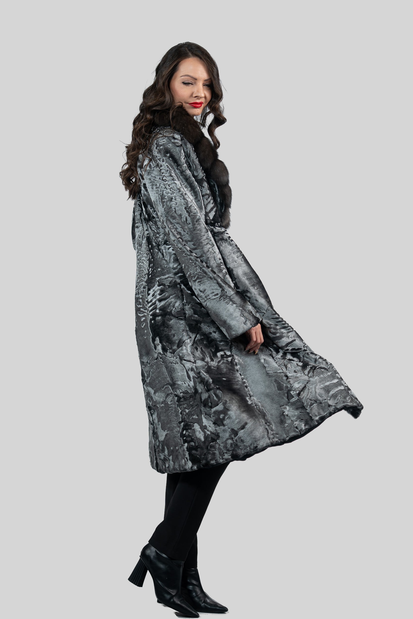 Shadow Grey Swakara Coat with Russian Sable Notch Collar S/S13C976
