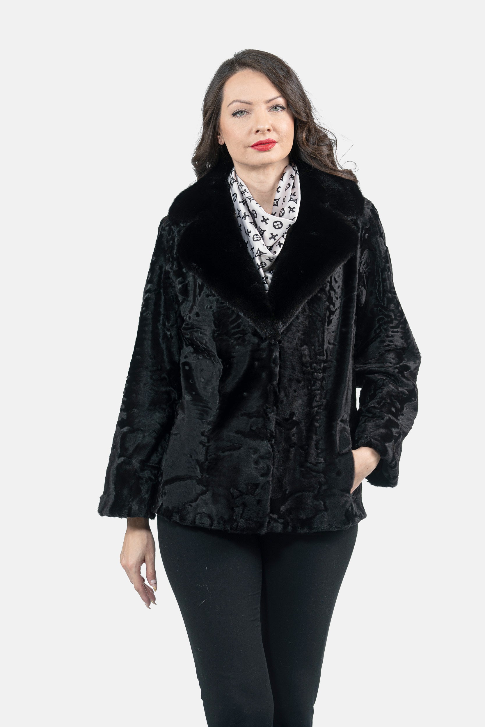 Black Swakara Jacket with Mink Notch Collar S/S13C528s20