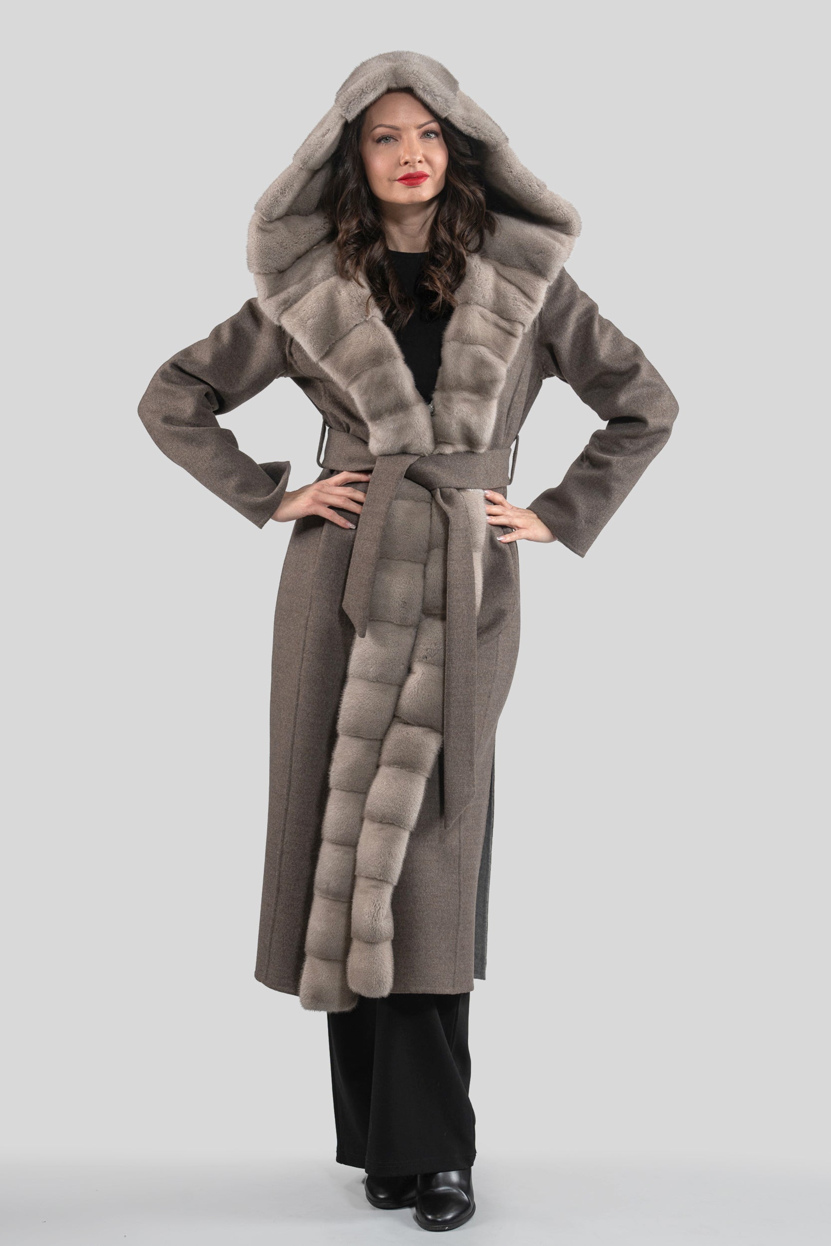 Grey Brown Cashmere Hooded Coat with Mink Trim 21C6080H540