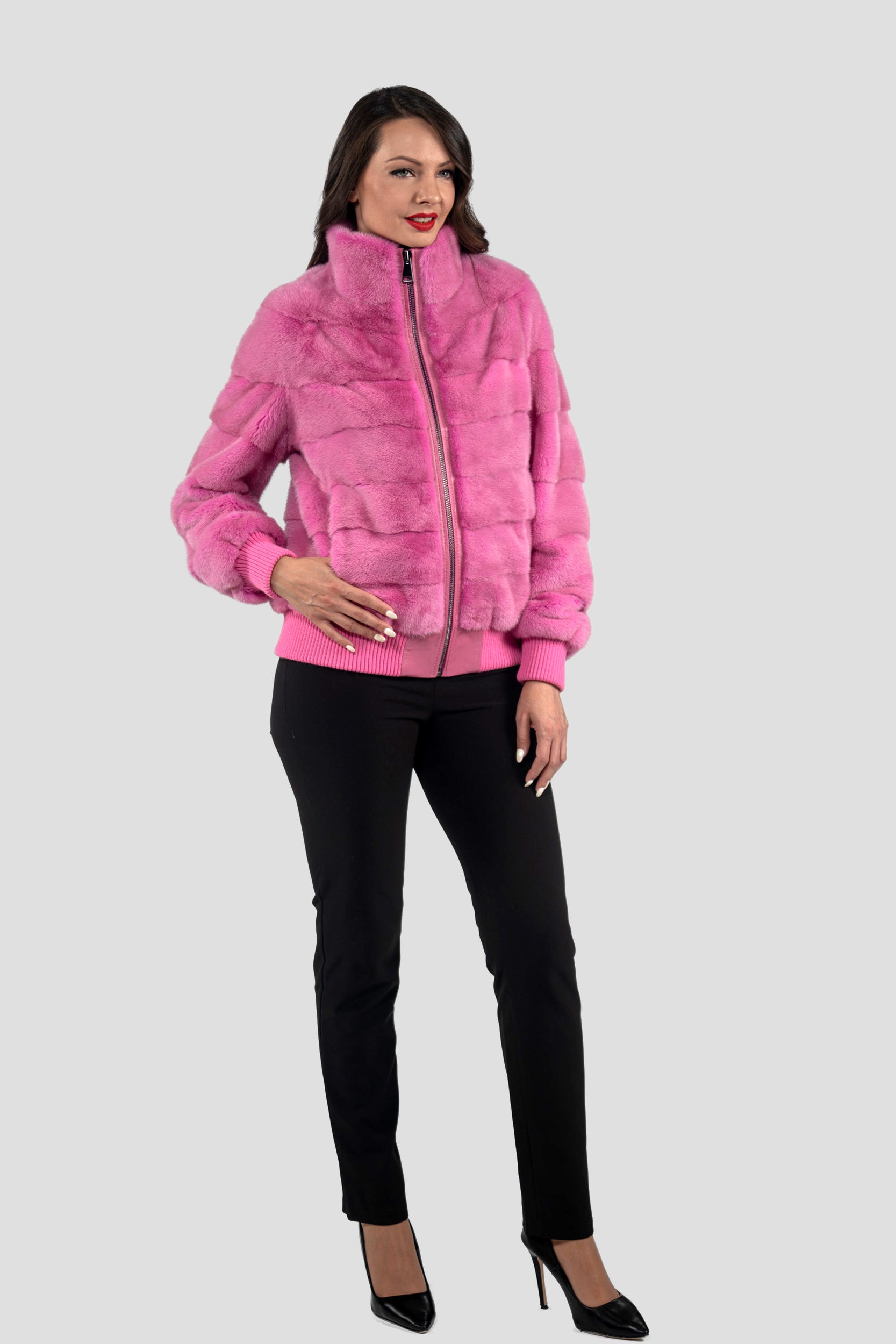 Fuchsia Mink Bomber Jacket with Stand Collar P/K13C224