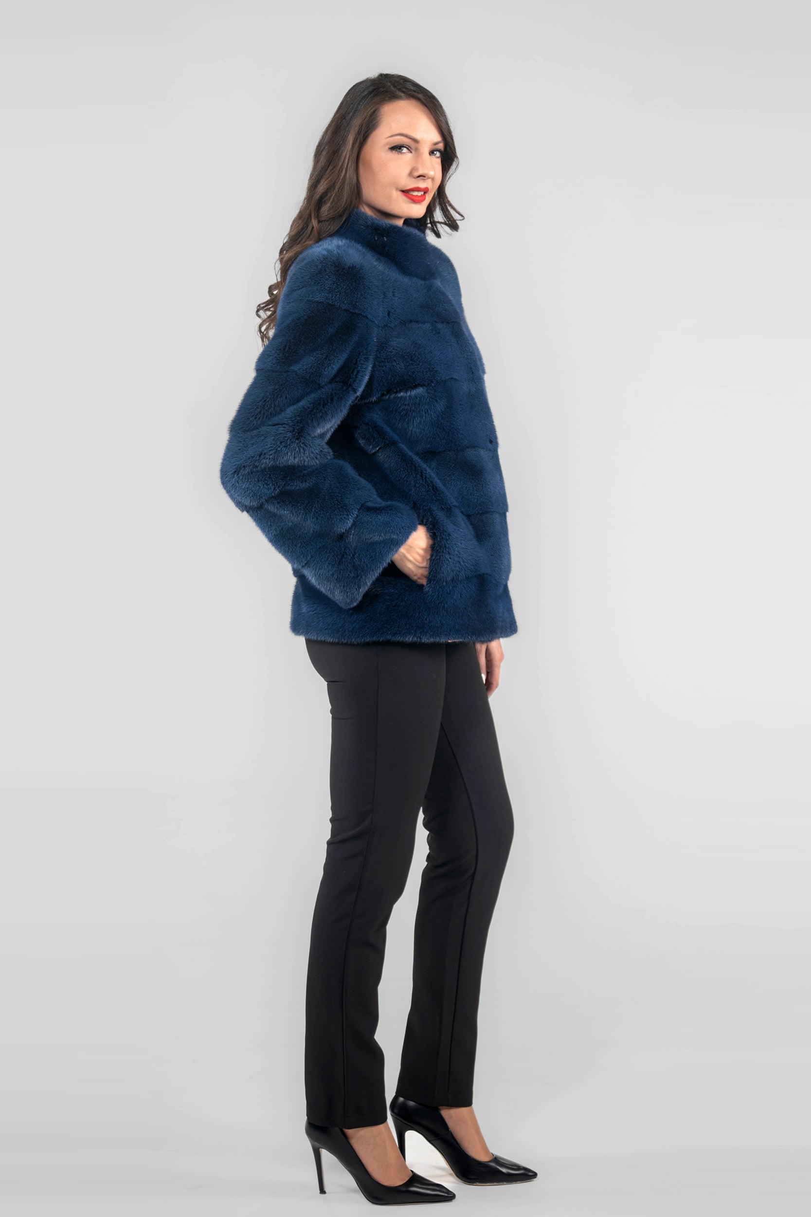 Blue Black Mink Jacket with Stand Collar P/K13C528