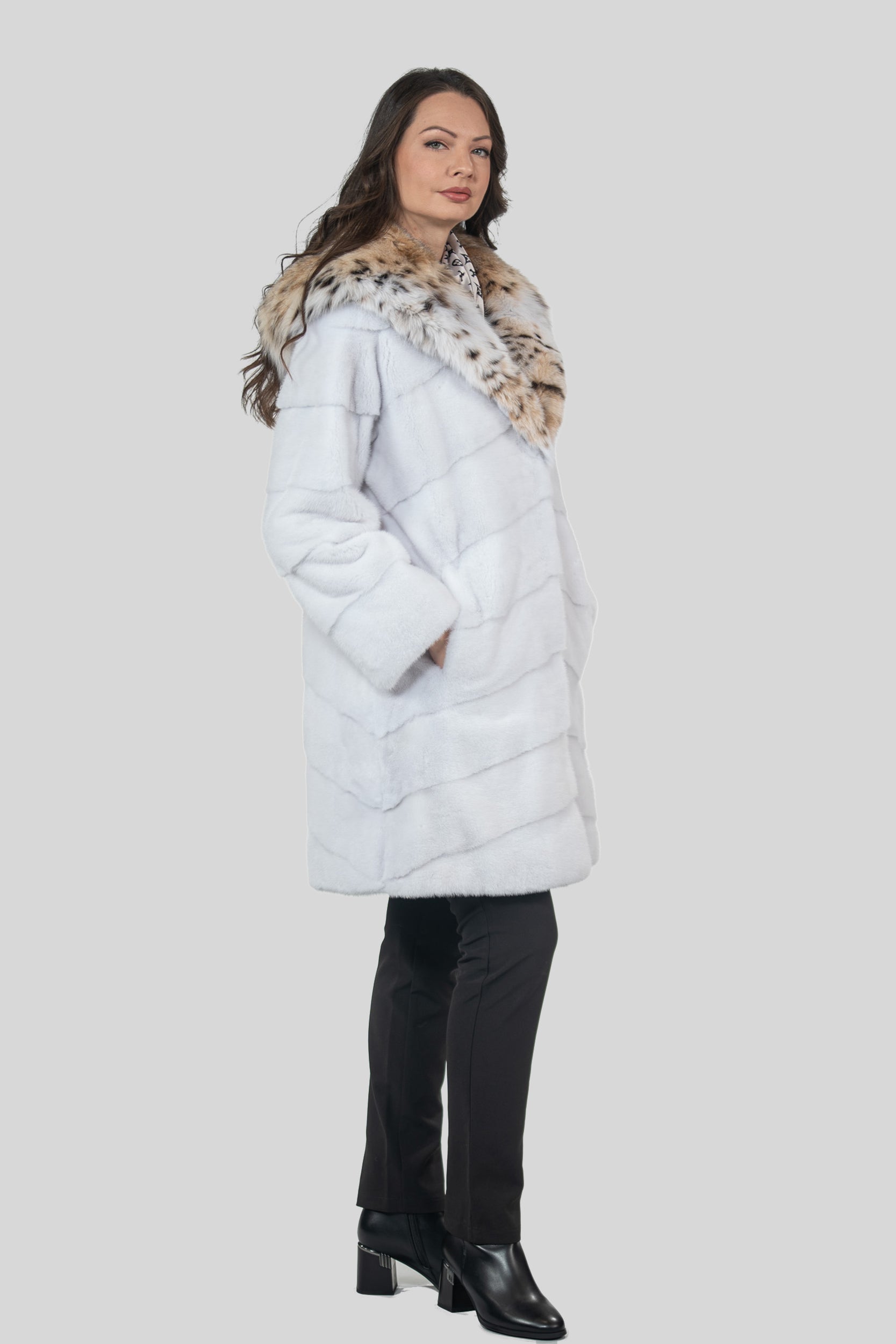 White Mink Half Coat with Bobcat Hood A/K4340