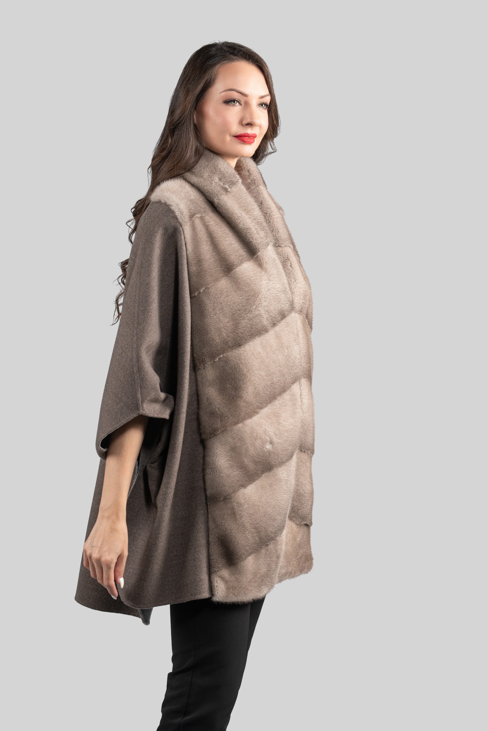 Brown Grey Cashmere Cape with Mink Trim 18M950