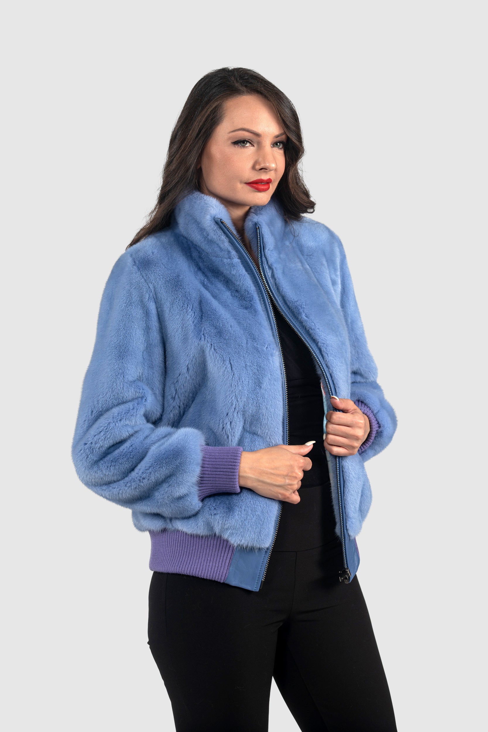 Aqua Marine Mink Bomber Jacket with Stand Collar L/O13C224