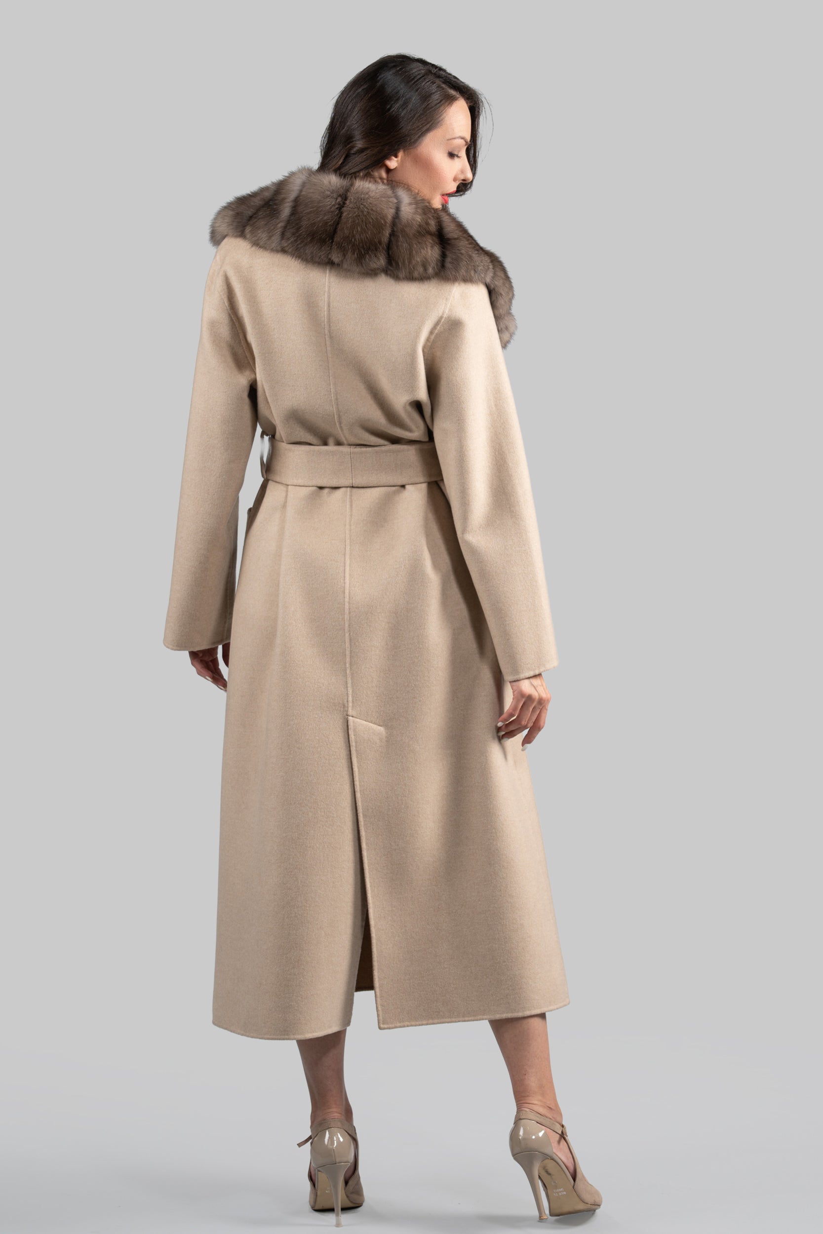 Ecru Cashmere Coat with Russian Sable Notch Collar 22CA235