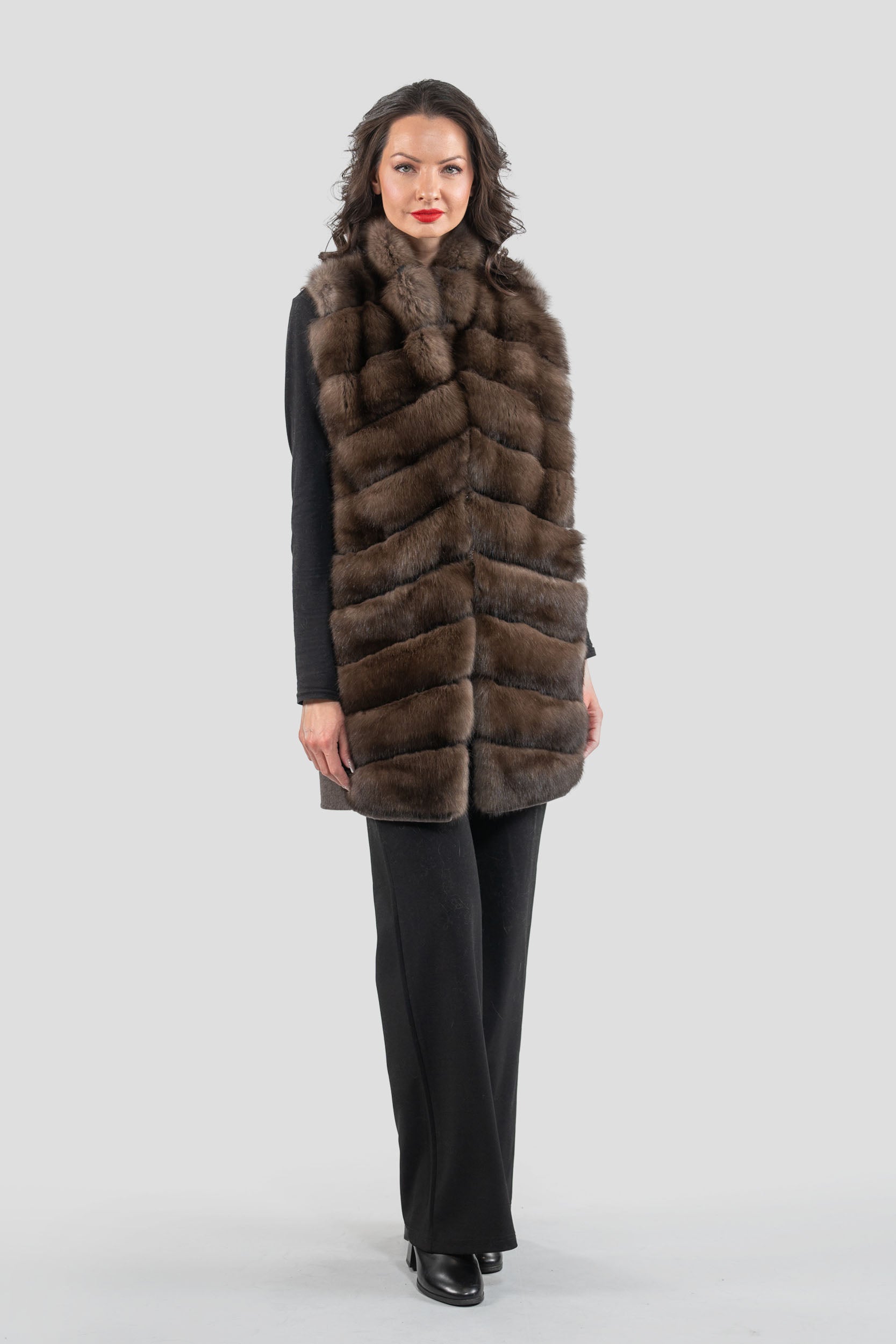 Brown Cashmere Vest with Russian Sable Trim 17C8003