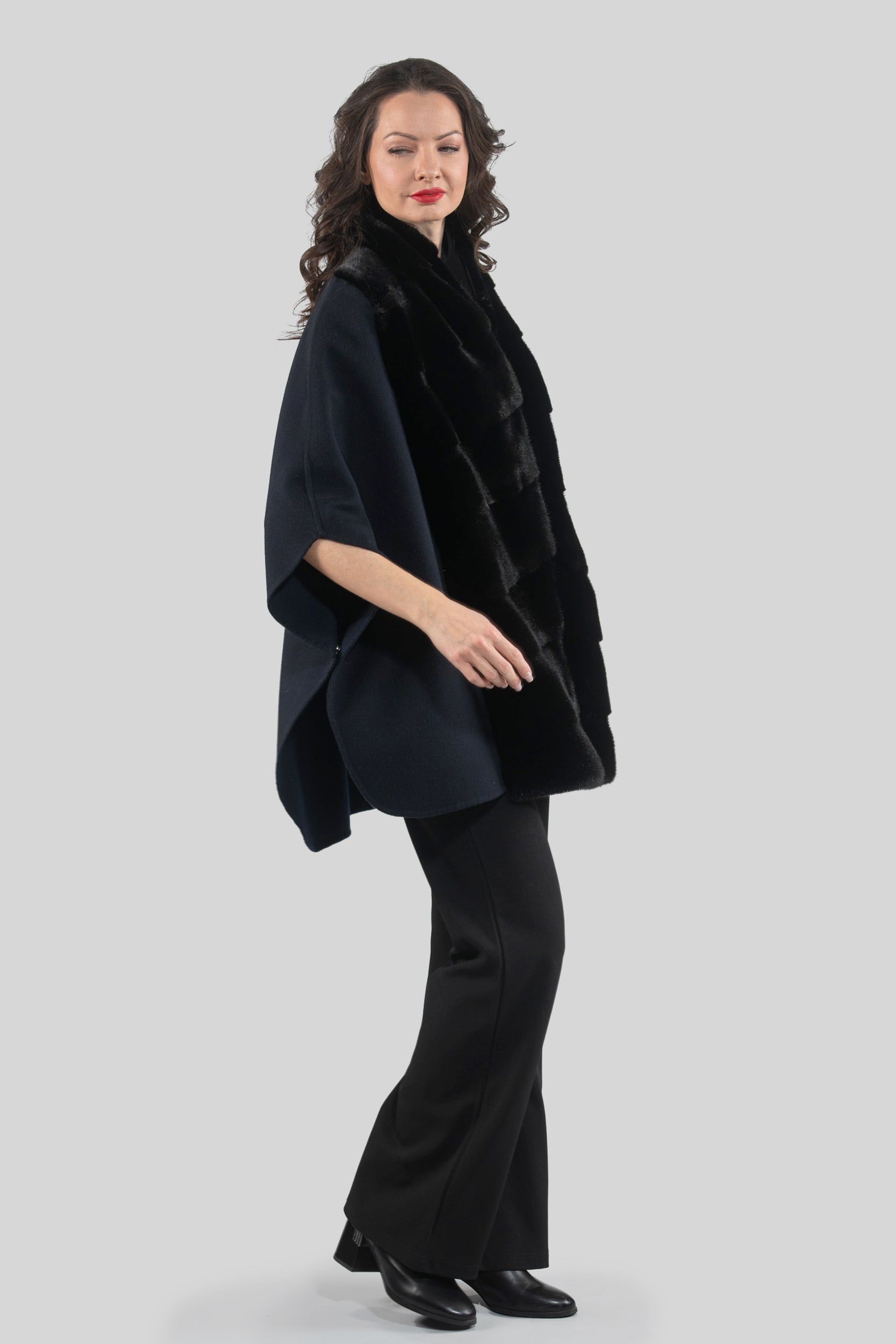 Blue Black Cashmere Cape with Mink Trim 18M950