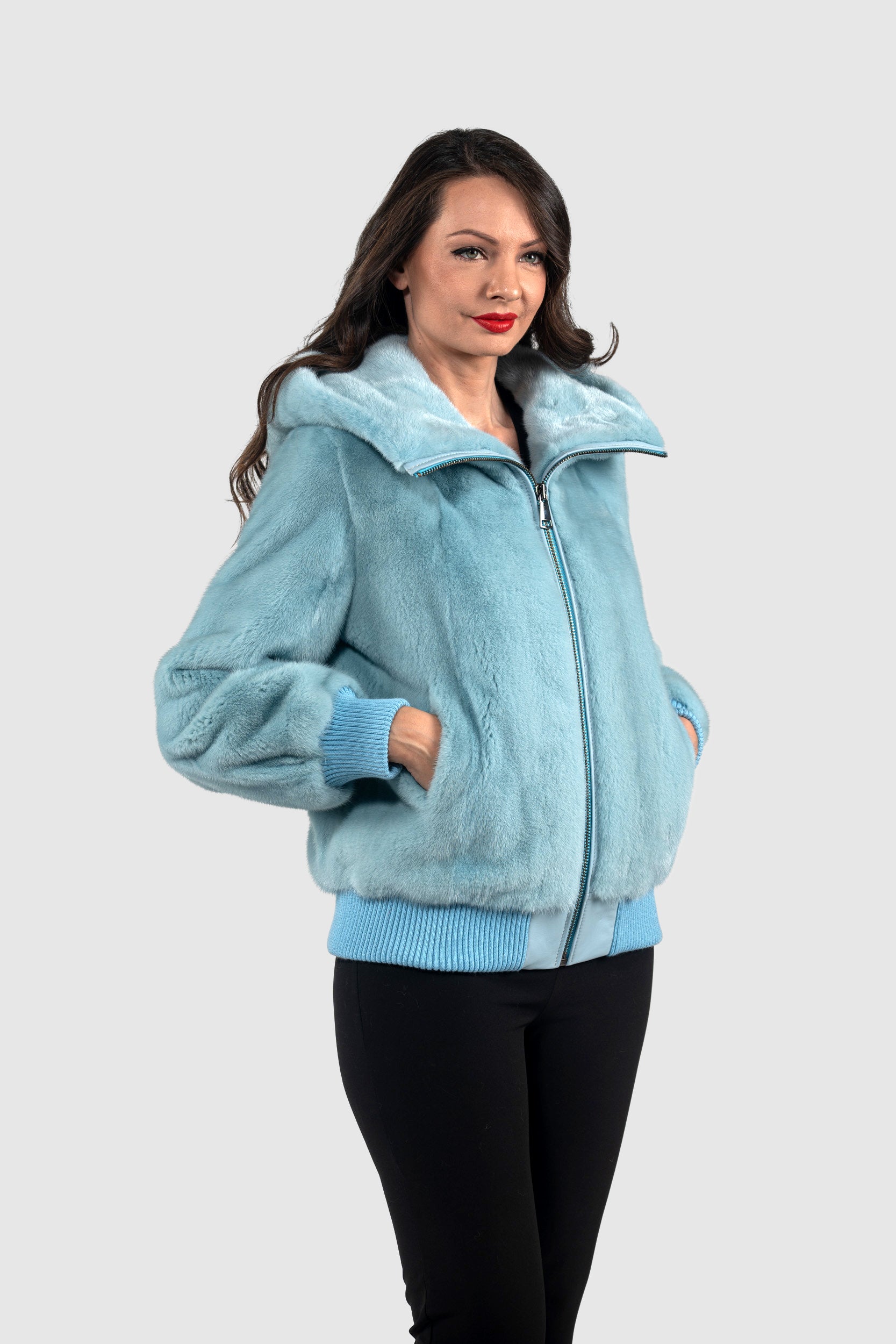 Mint Mink Bomber Jacket with Hood L/O13C224H