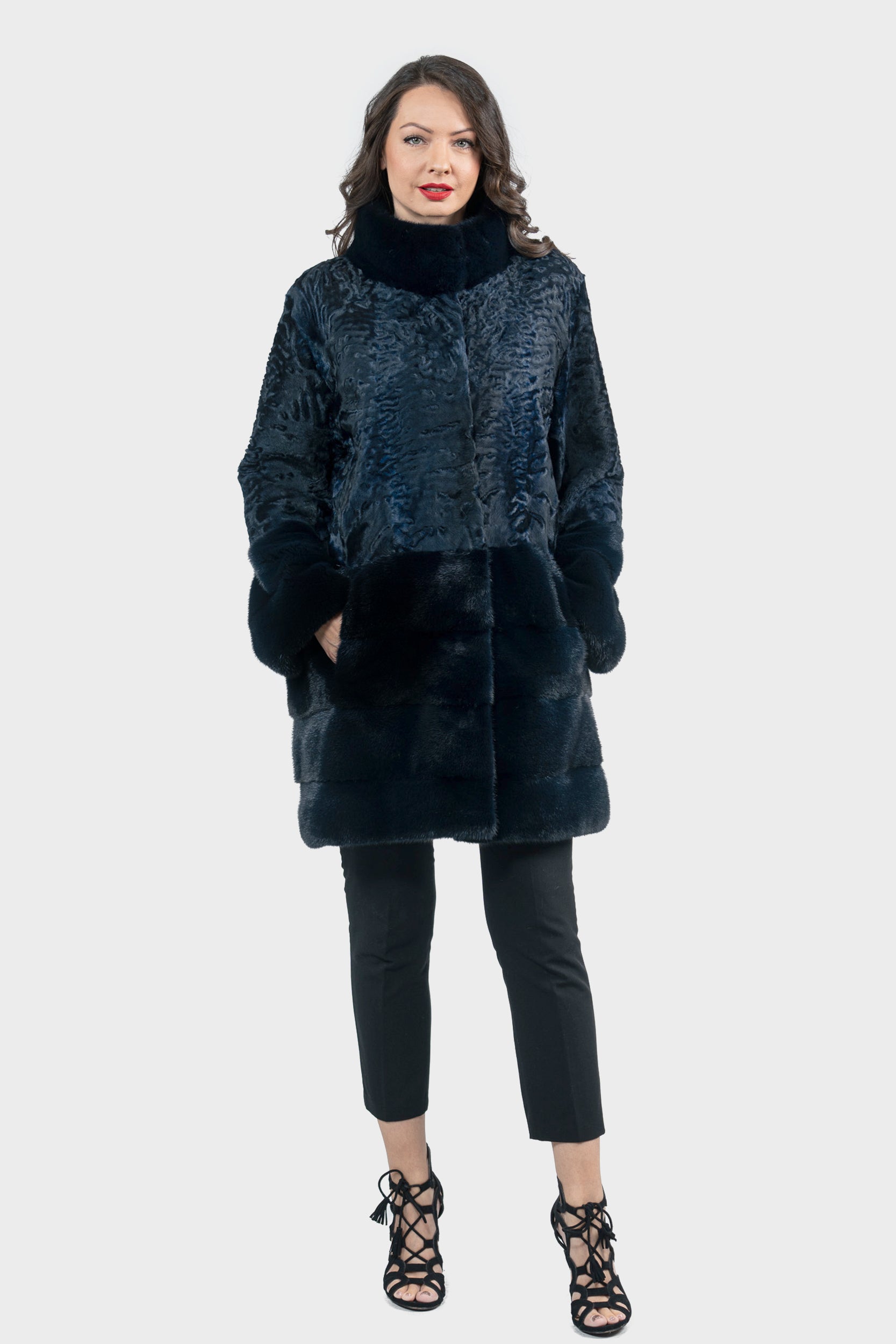 Blue Black Swakara Half Coat with Mink Trim S/SR/K16C733