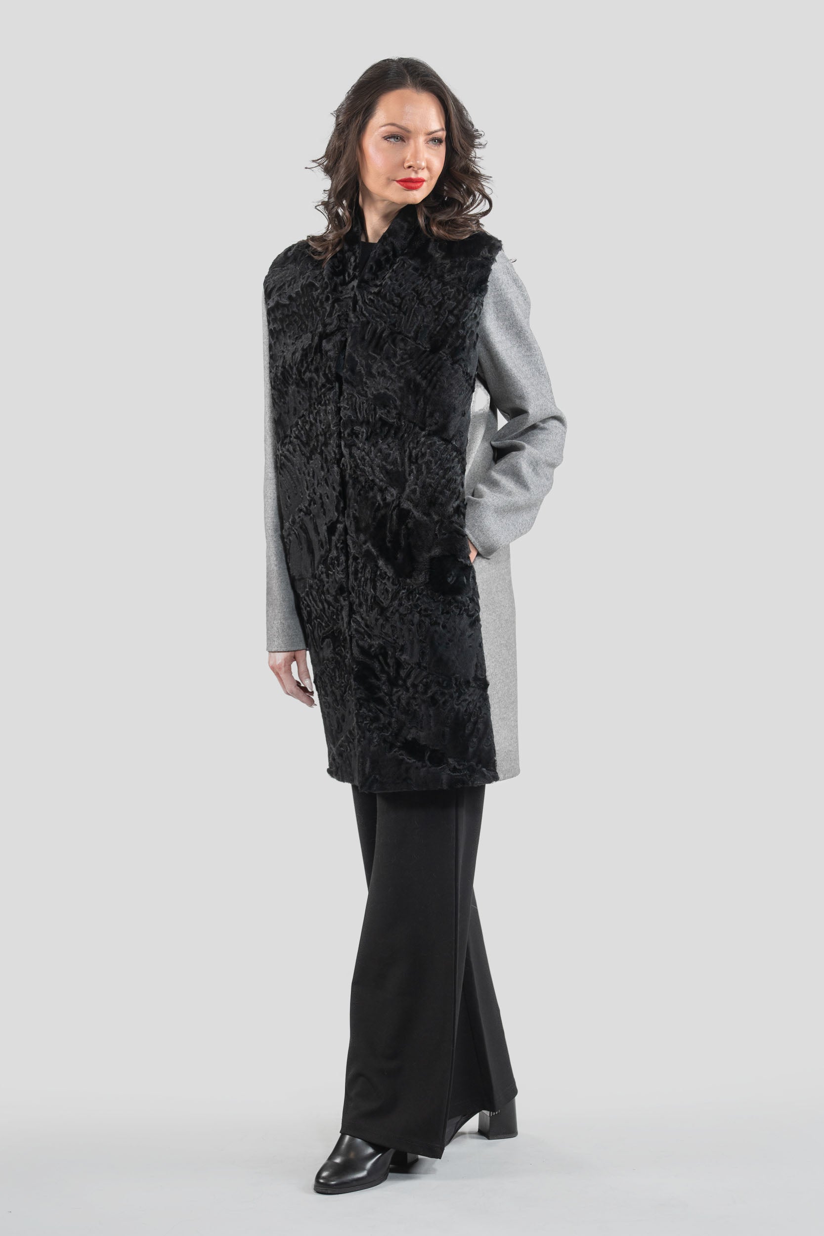 Grey Cashmere Half Coat & Vest with Swakara Fur Trim 17C8003