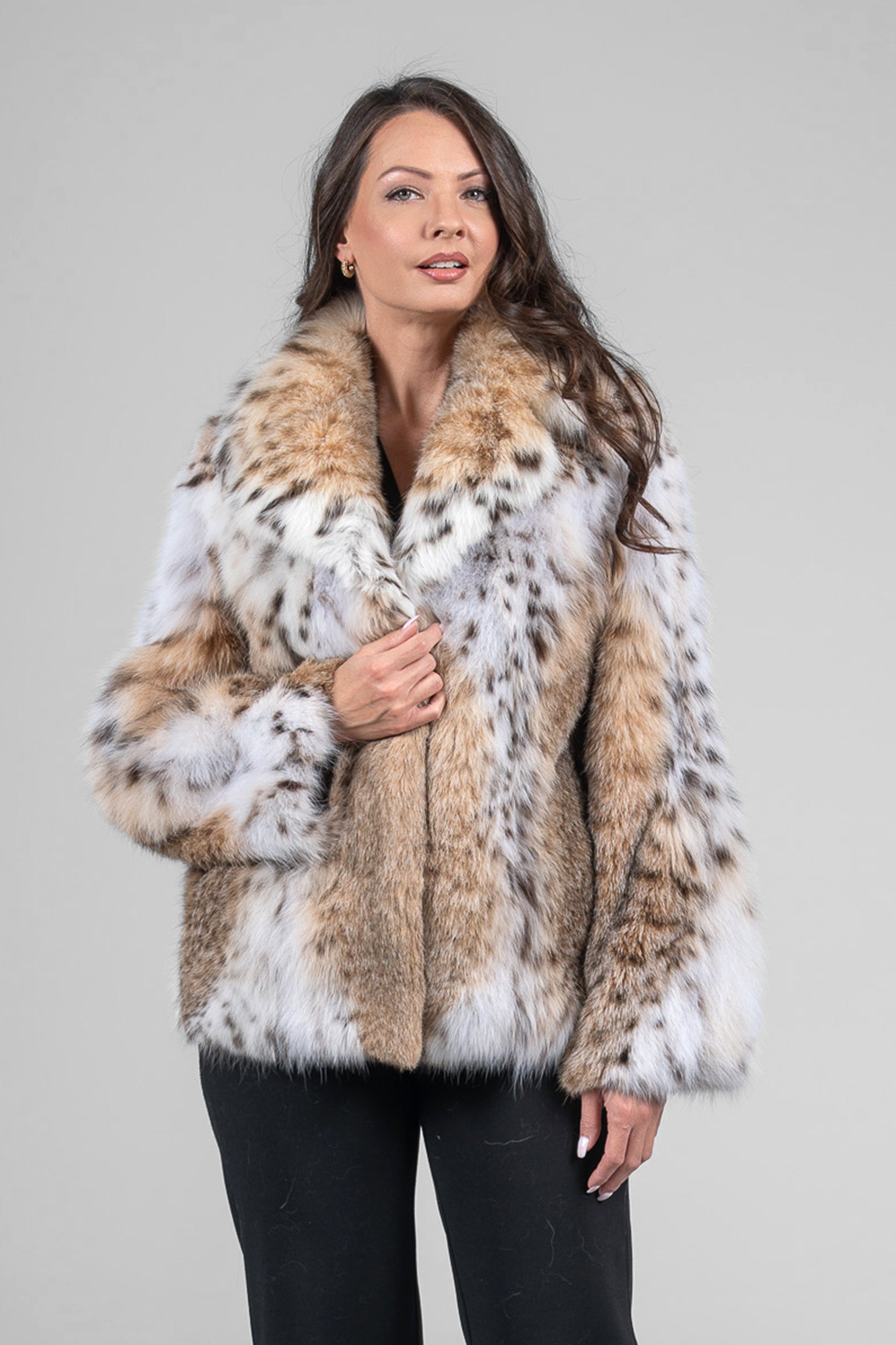 Bobcat Fur Jacket with Notch Collar in Natural Spotted Pattern 13C528S20