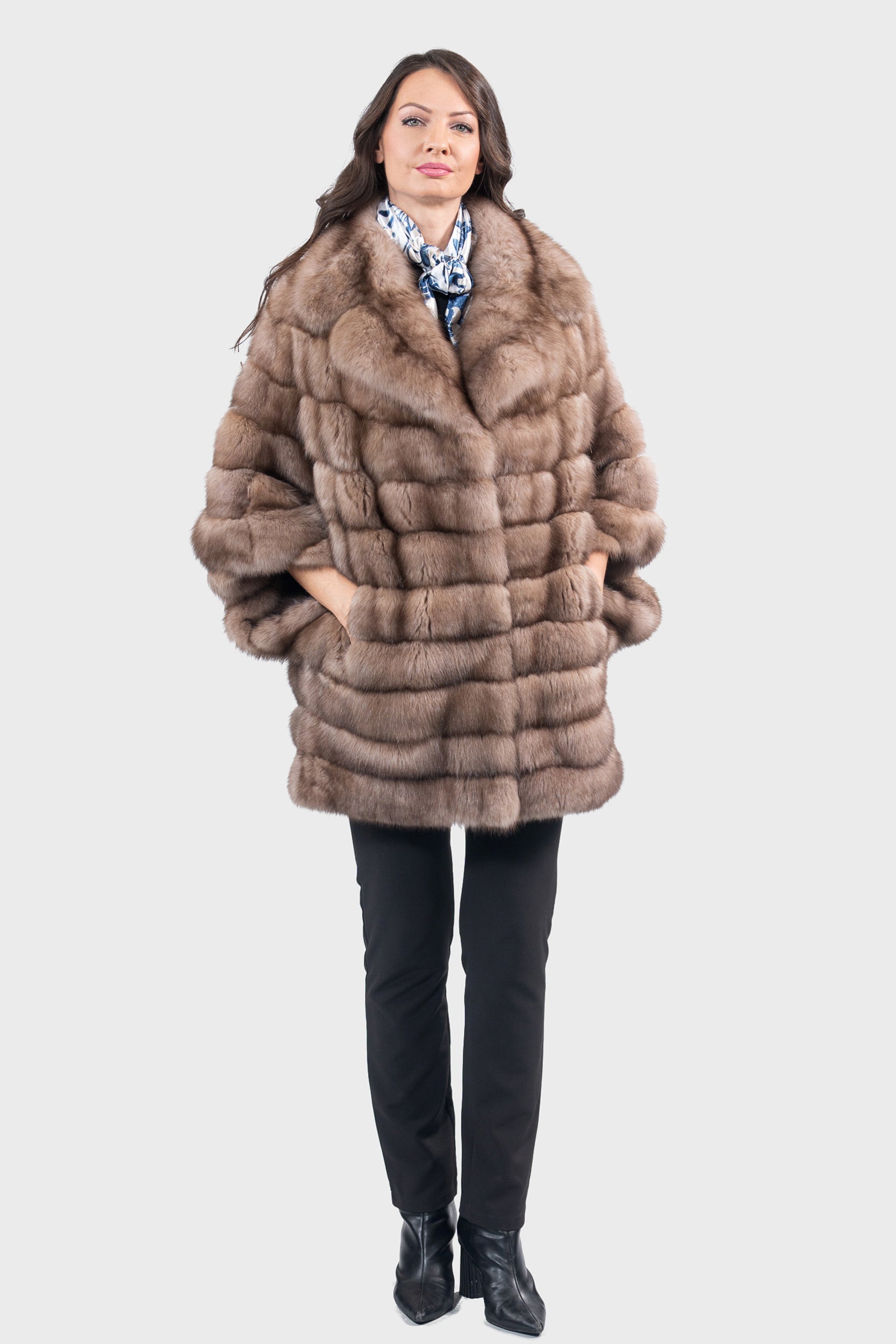 Graphite Russian Sable Cape with Notch Collar P/K13C929