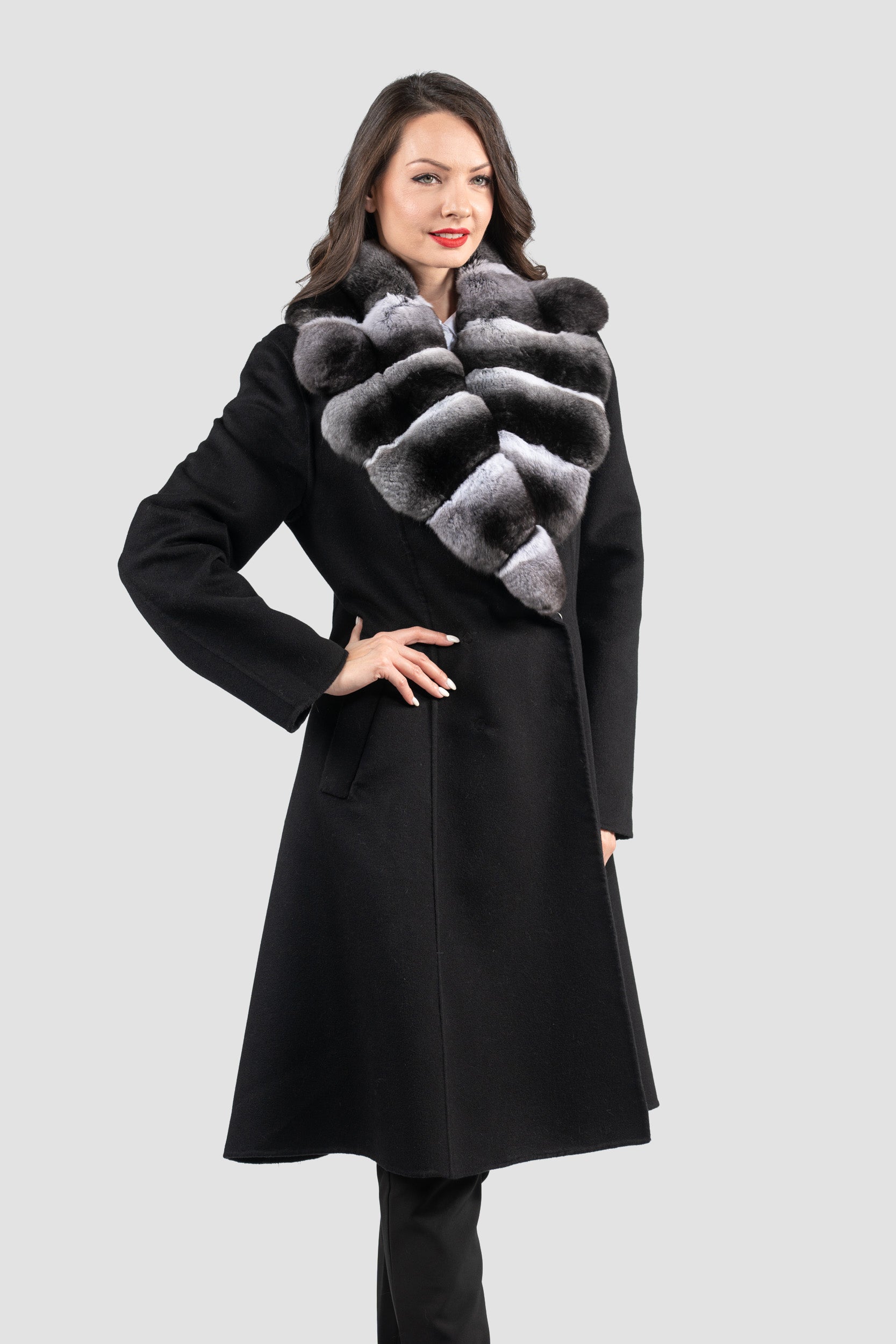 Black Cashmere Coat with Chinchilla Notch Collar 19C8250