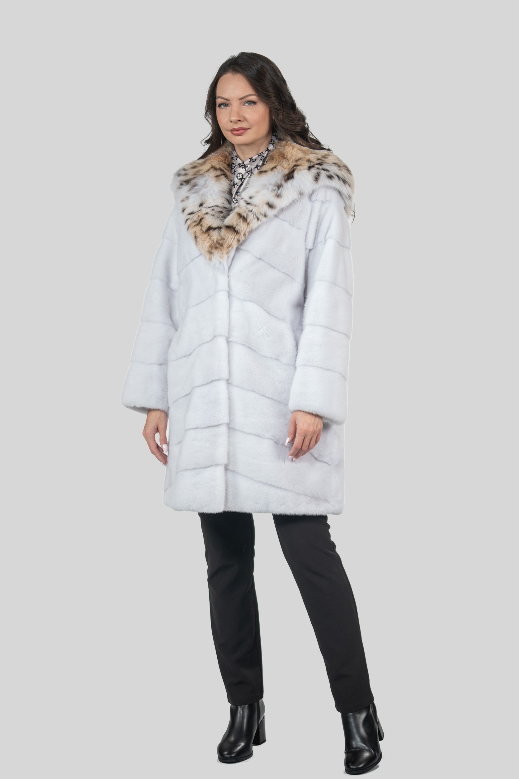 White Mink Half Coat with Bobcat Hood A/K4340
