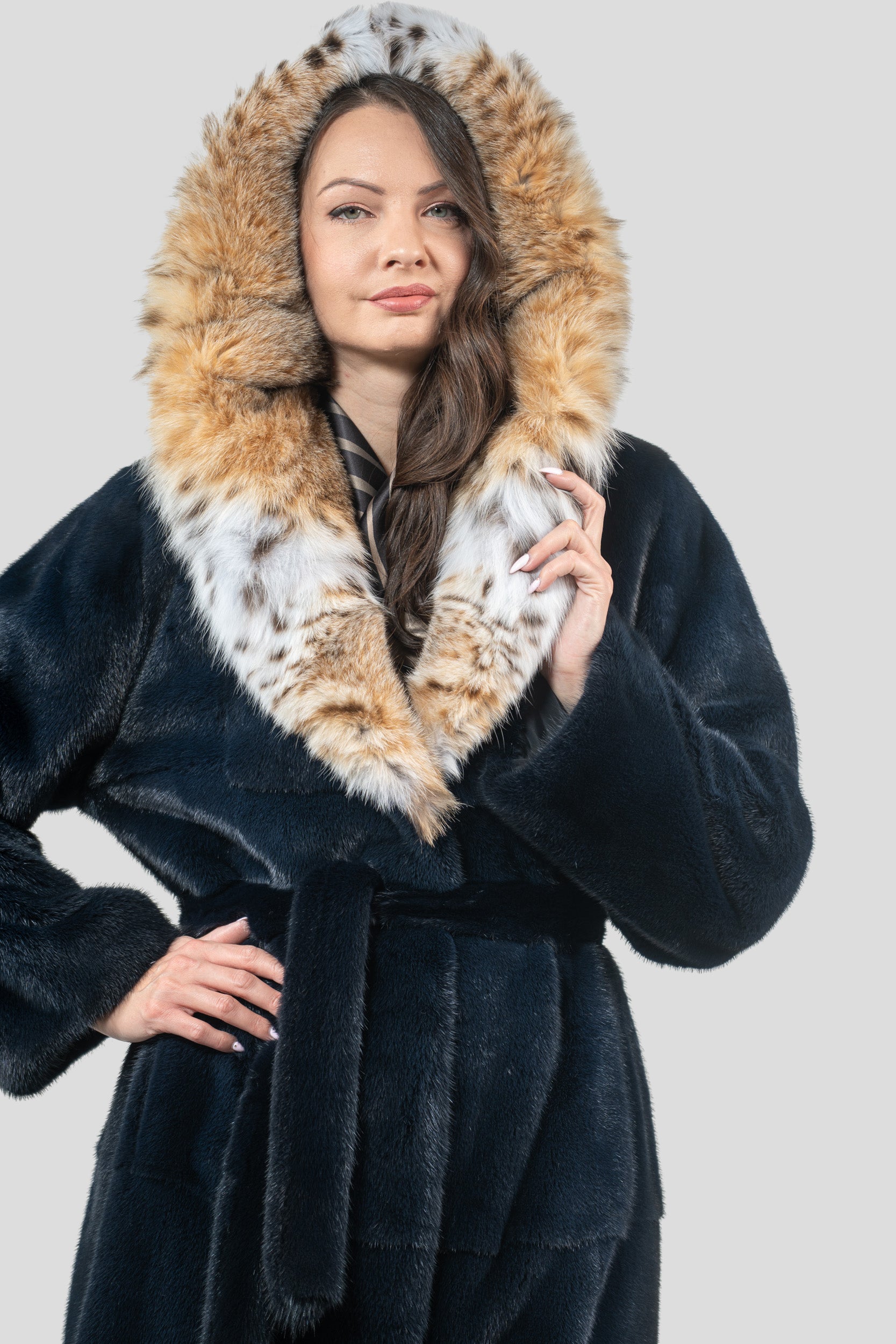 Blue Black Mink Coat with Bobcat Hood S/S13C978