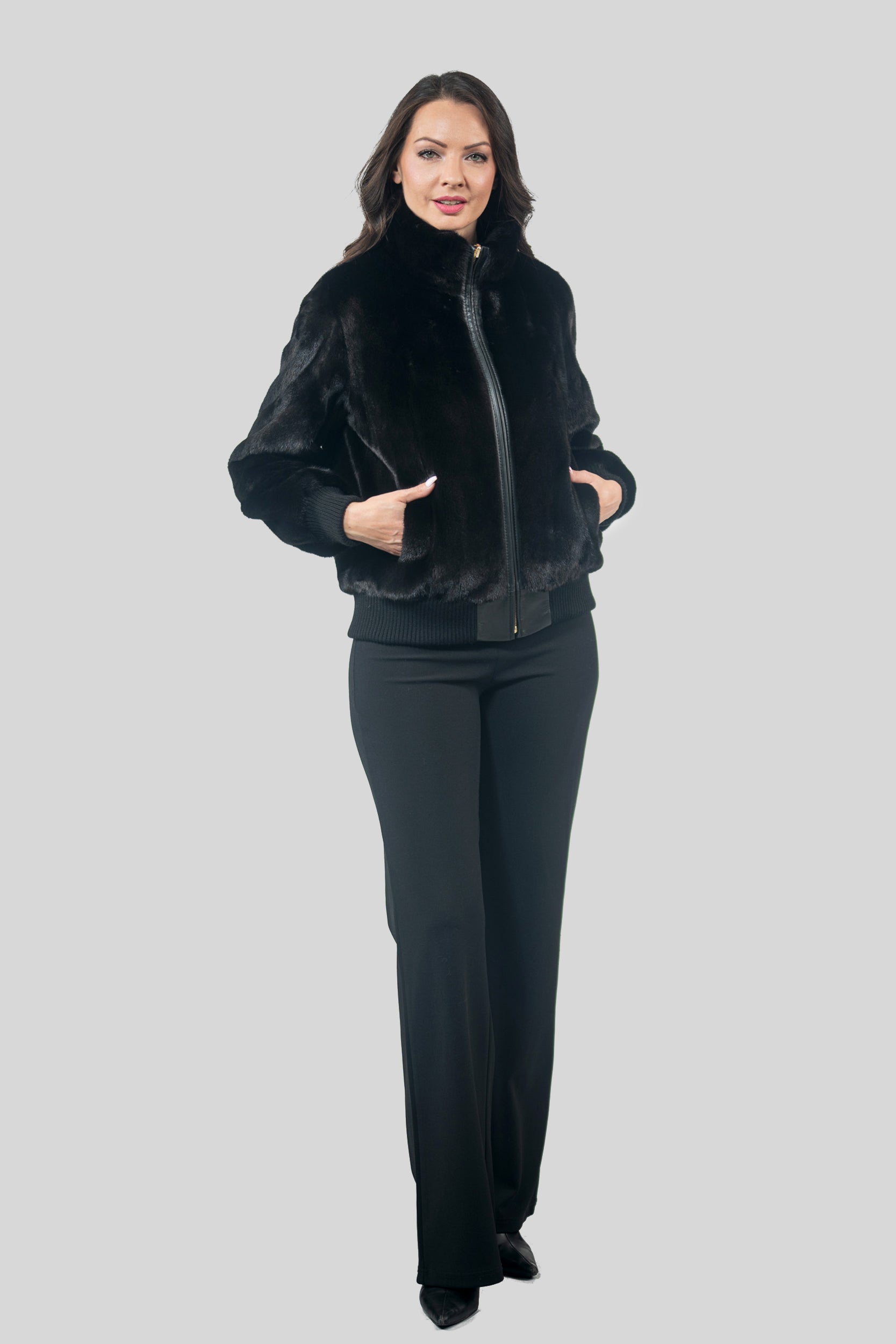 Black Mink Bomber Jacket with Stand Collar L/O13C224