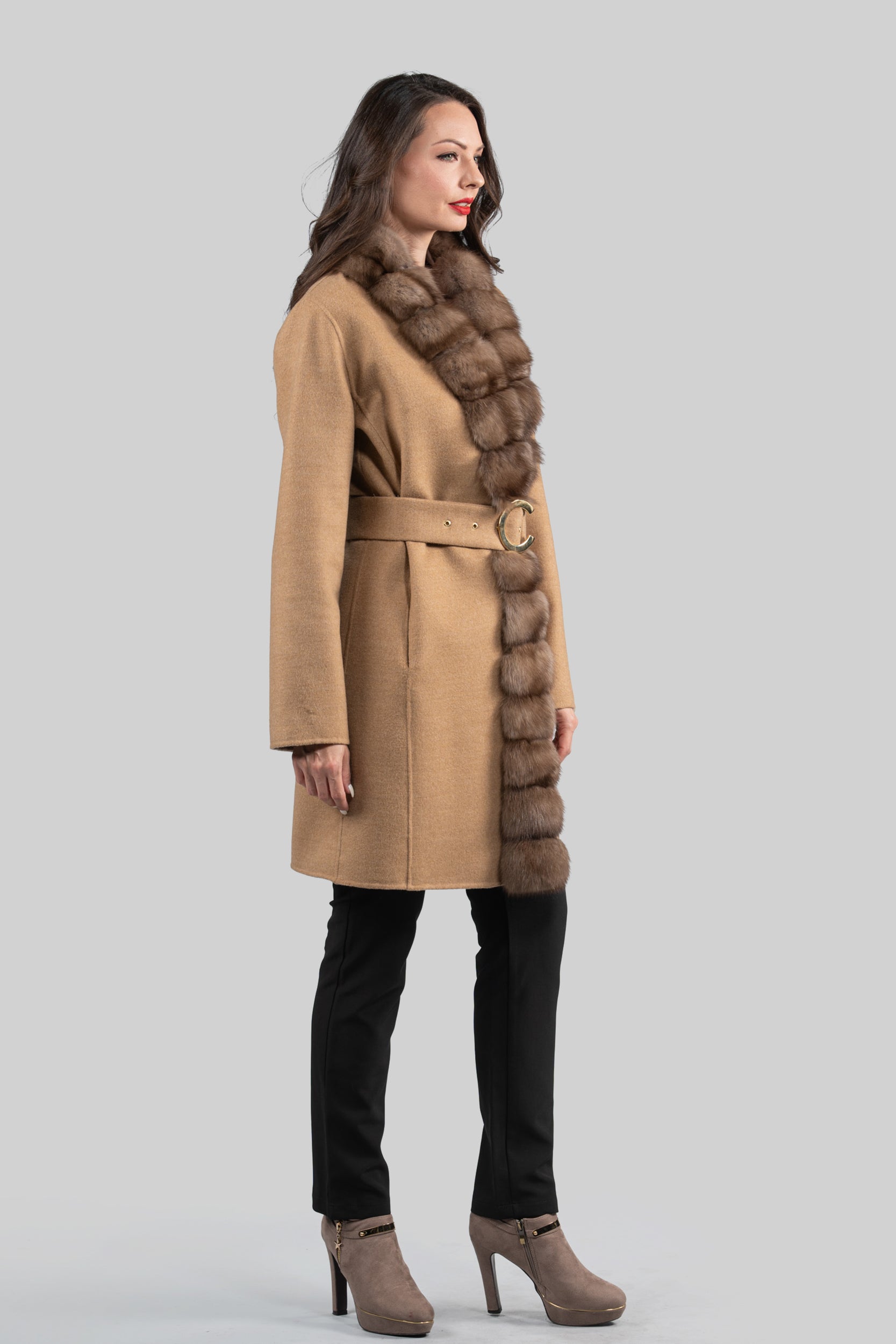 Beige Ecru Cashmere Coat with Russian Sable Trim 21C6080