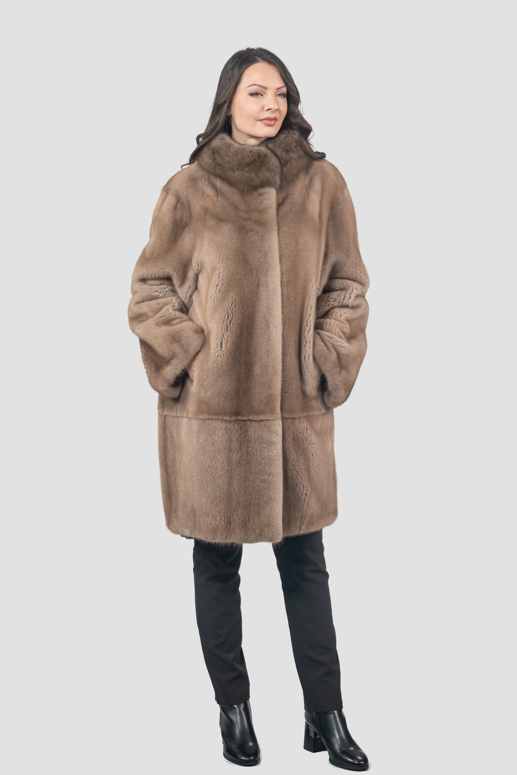 Pastel Mink Half Coat with Russian Sable-Trimmed Stand Collar CLER