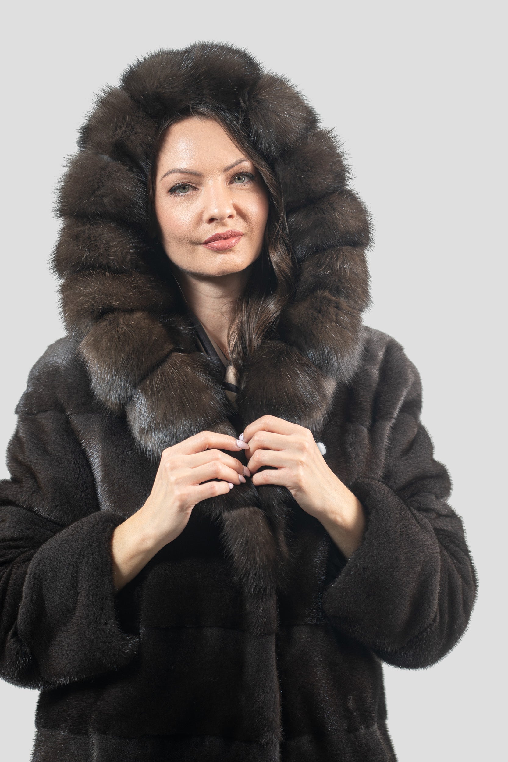 Grigio Mink Half Coat with Russian Sable Hood P/K13C540