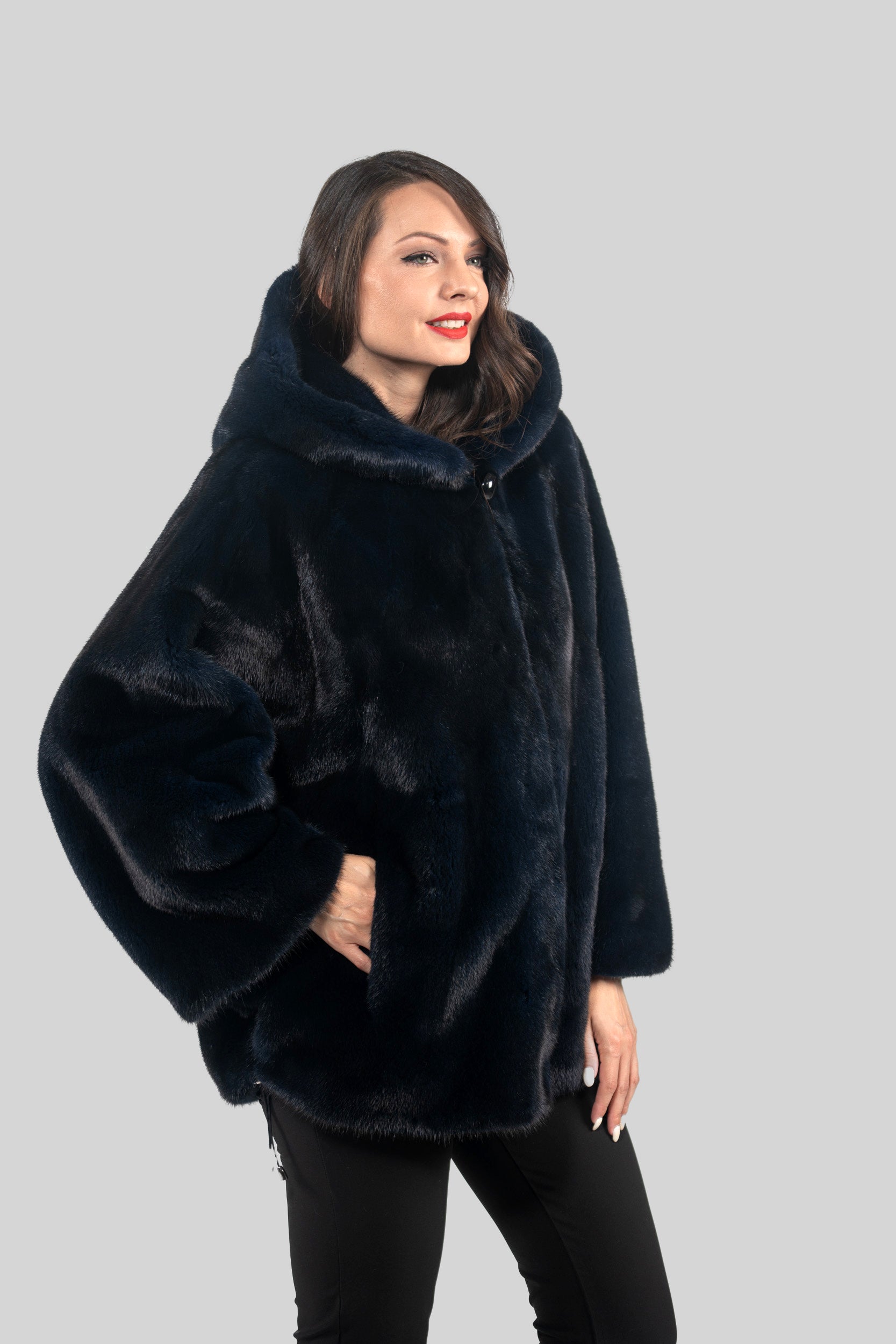 Blue Black Mink Jacket with Hood L/OR5