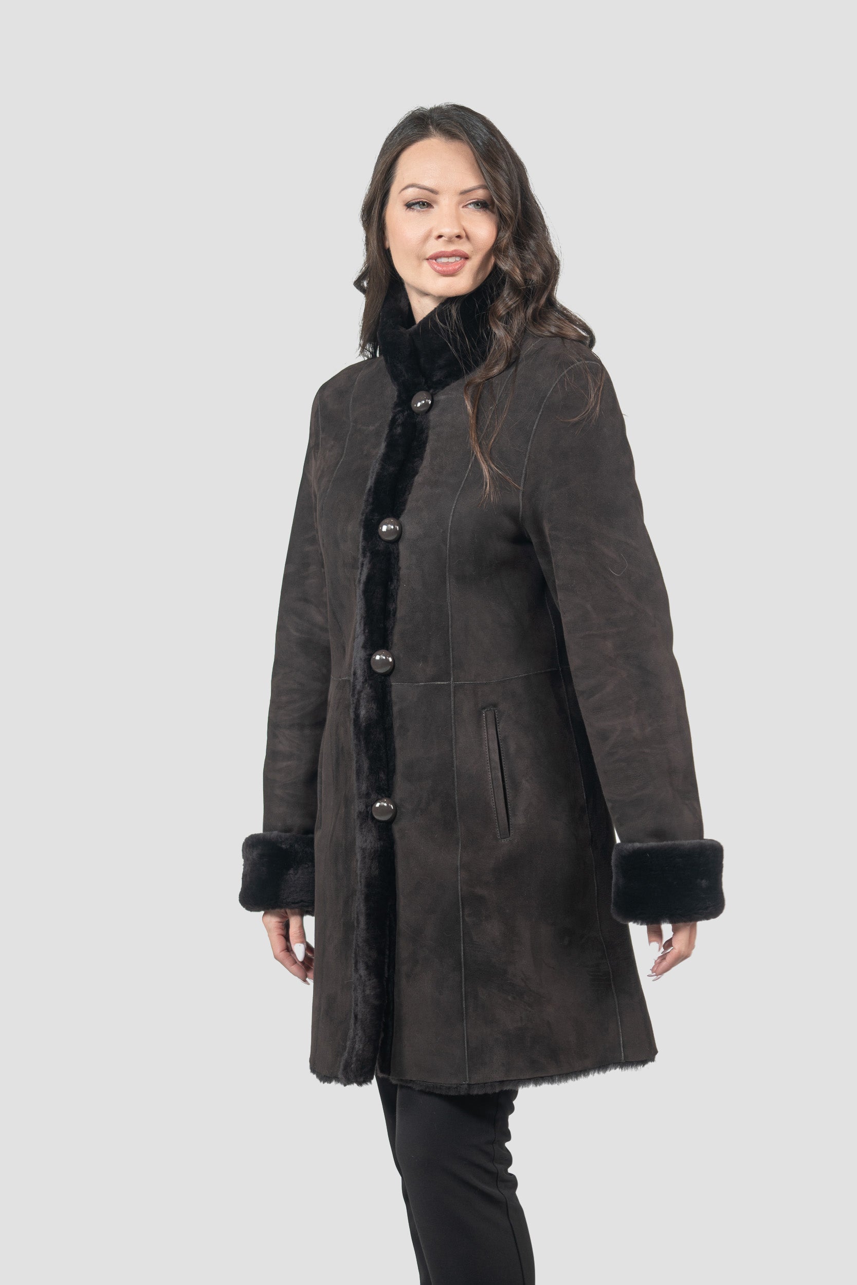 Brown Half Coat In Spanish Merino with Stand Collar 207