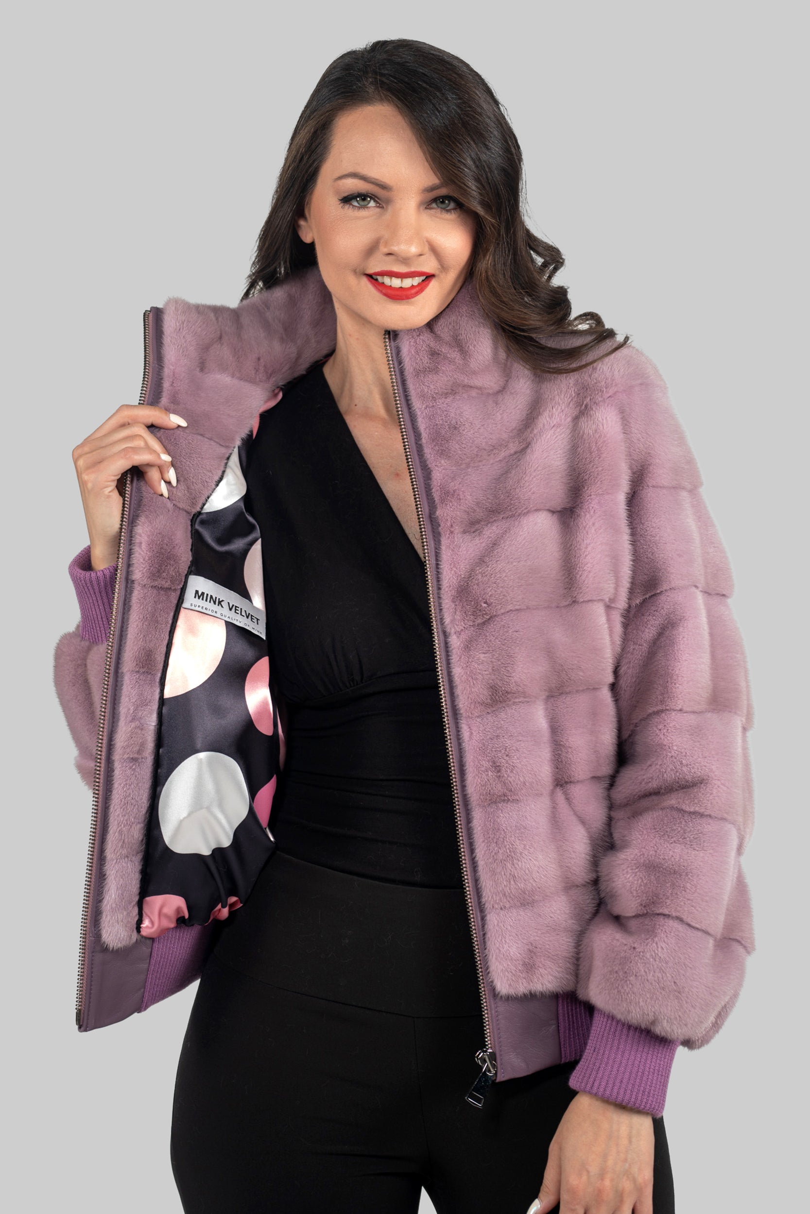Violet Mink Bomber Jacket with Stand Collar P/K13C224