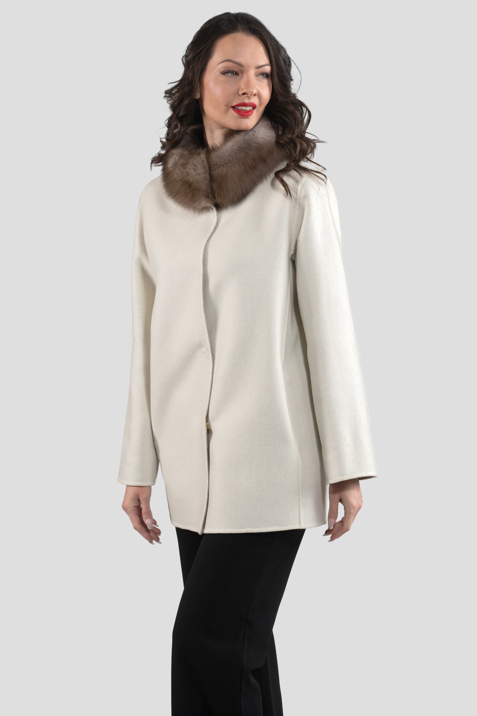 White Cashmere Jacket with Russian Sable Trimmed Stand Collar 17C8003G530