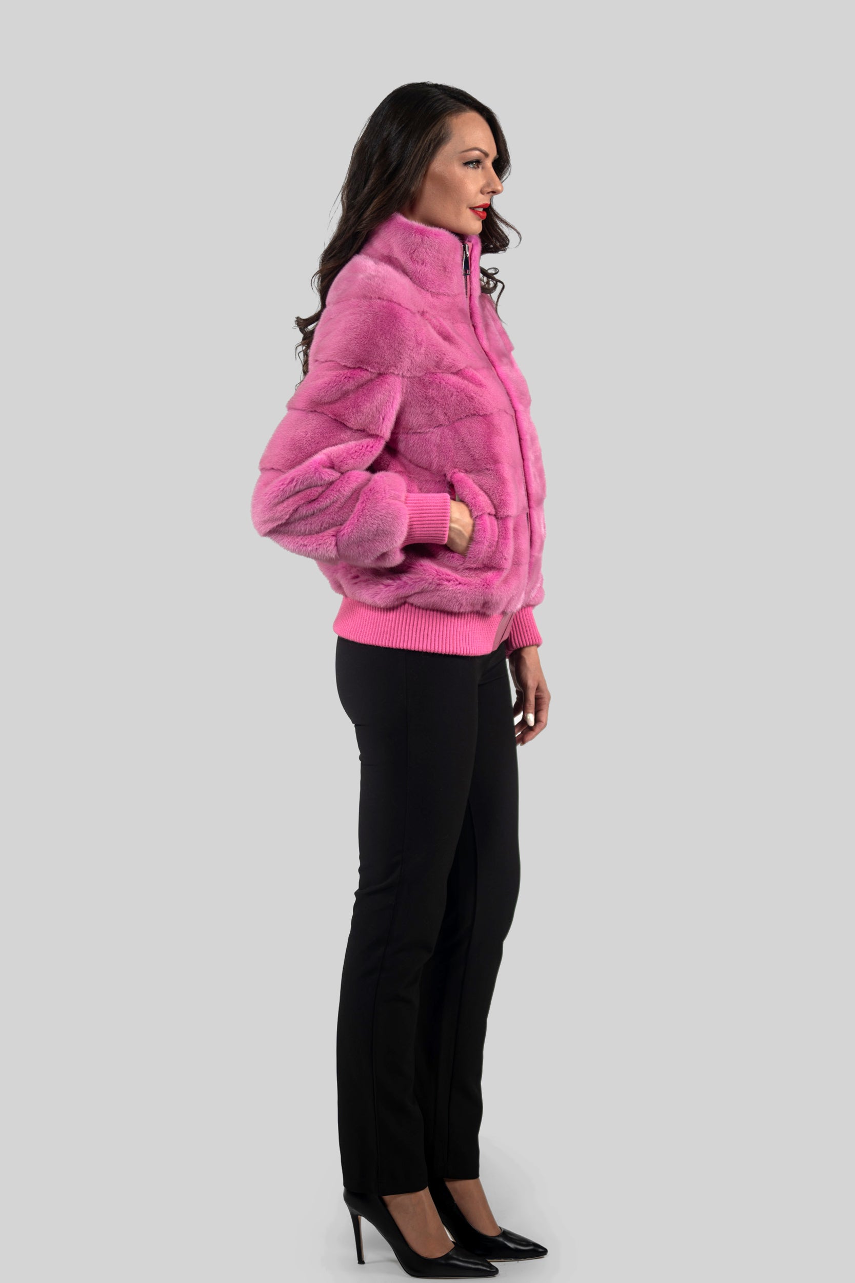 Fuchsia Mink Bomber Jacket with Stand Collar P/K13C224
