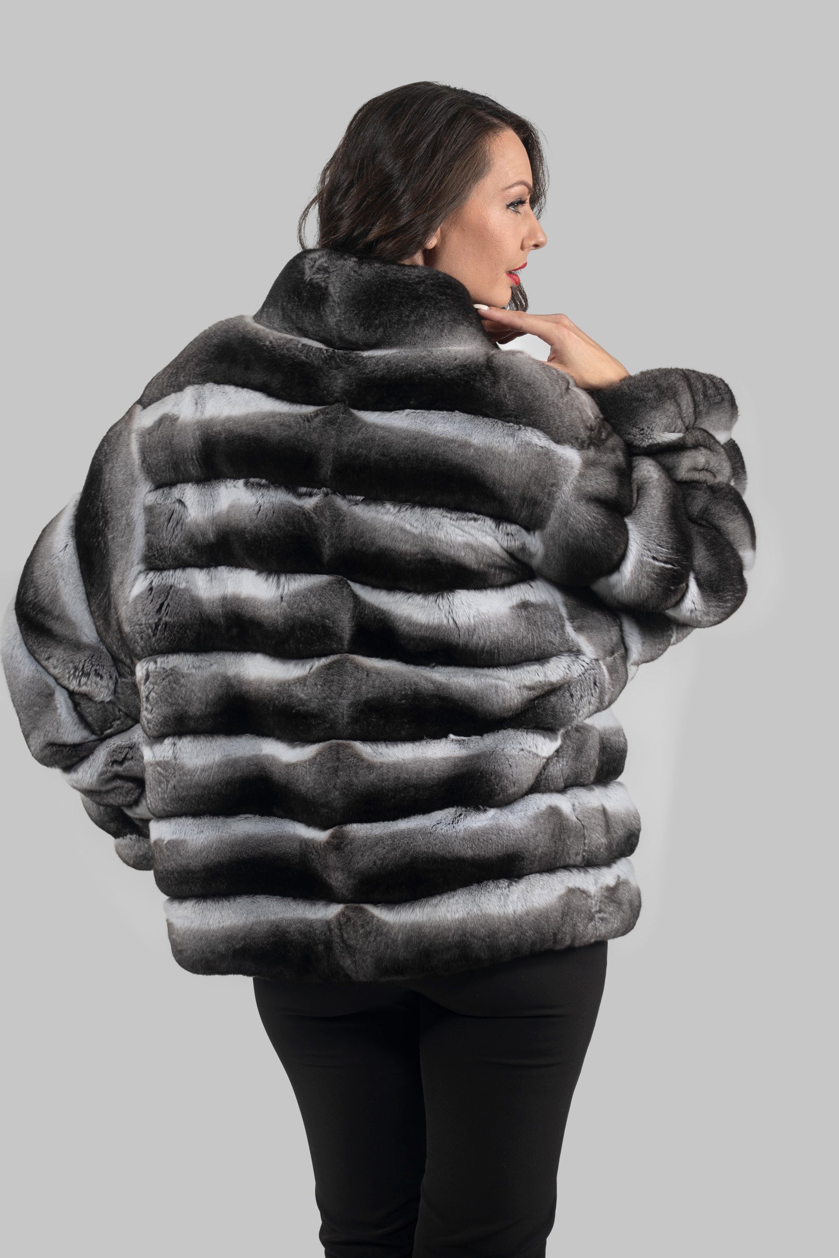 Chinchilla Jacket with Stand Collar and Zipper P/K13C137