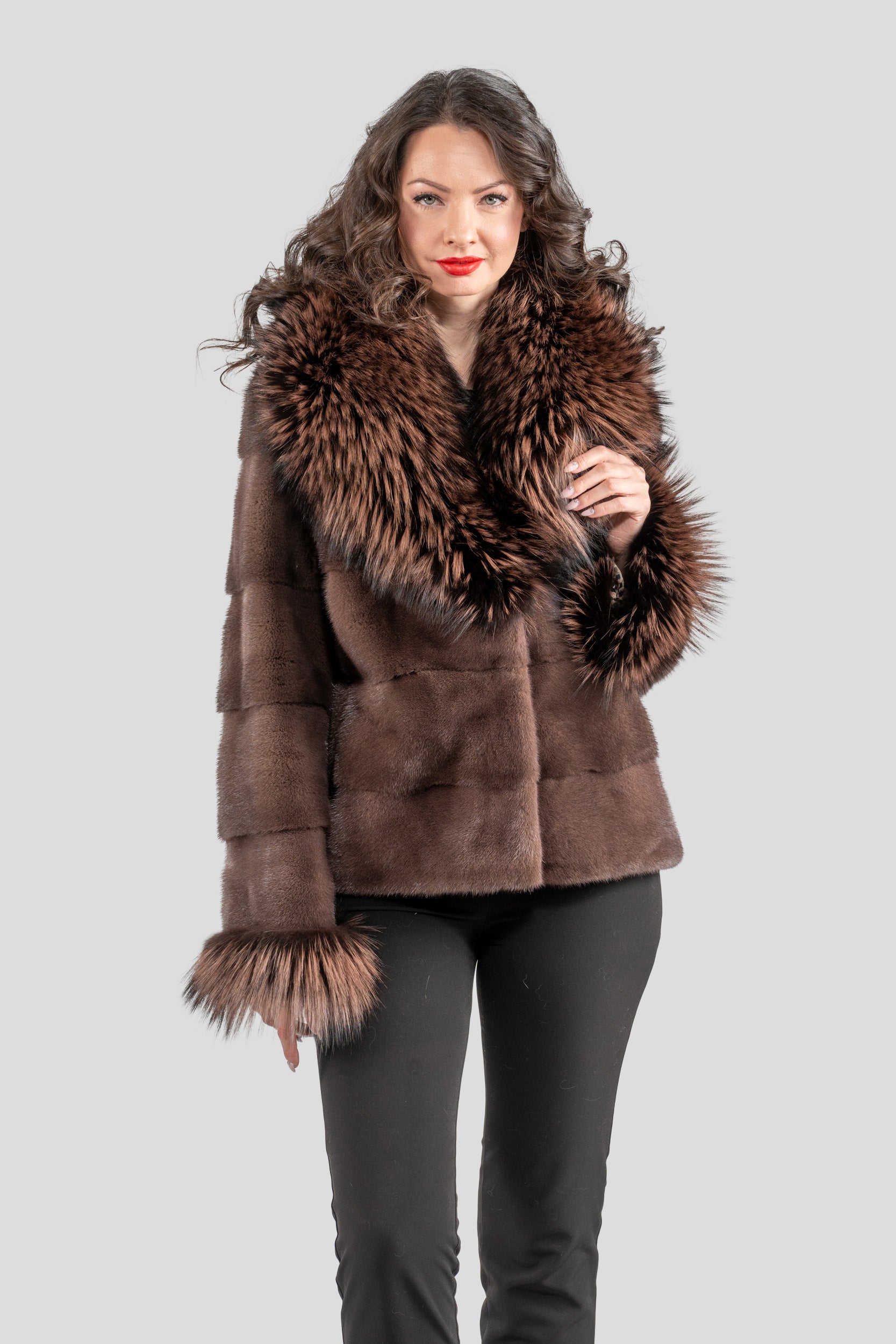 Wood Mink Jacket with Fox Trimmed Shawl Collar P/K13C528C17