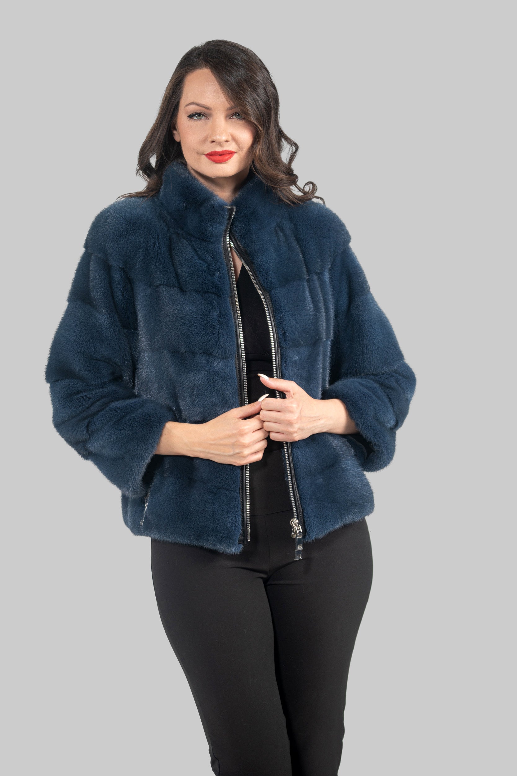 Blue Jean Mink Jacket with Stand Collar and Zipper P/K13C224