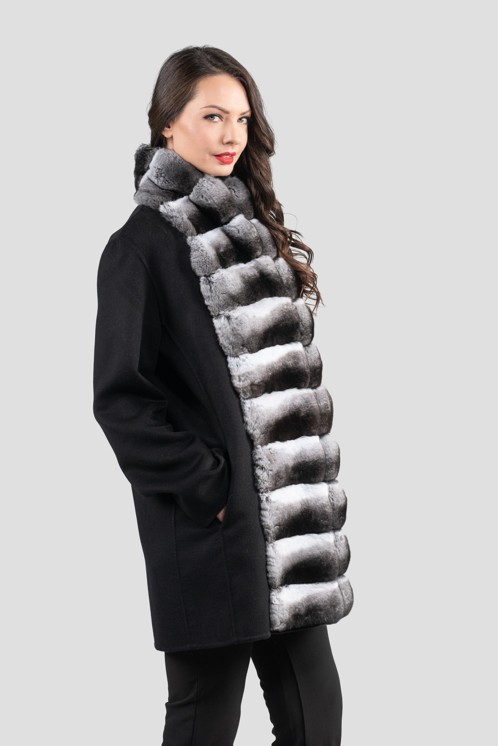 Black Cashmere Coat with Chinchilla Trim 21C8050