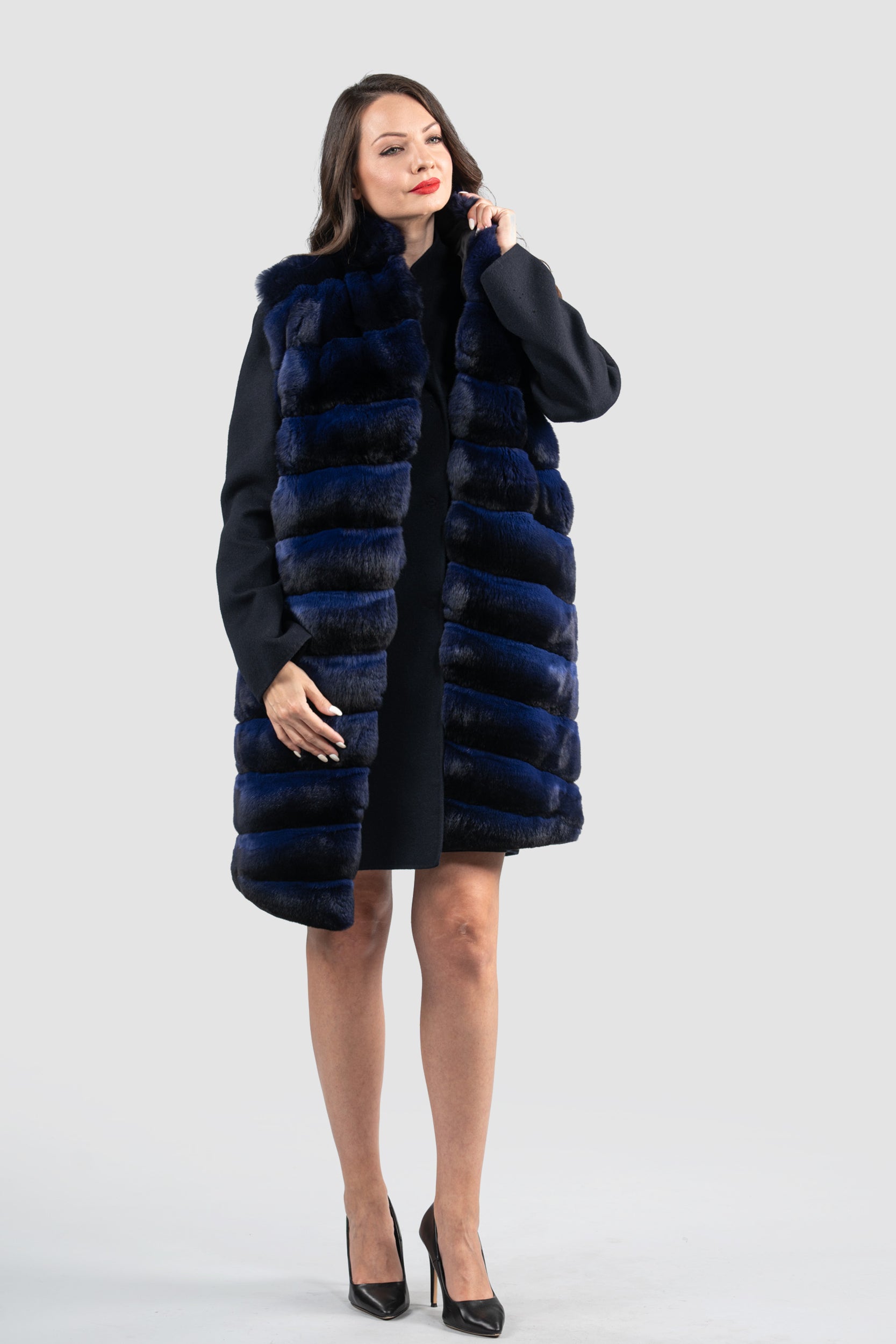 Blue Black Cashmere Half Coat & Vest with Chinchilla Trim 17C8003