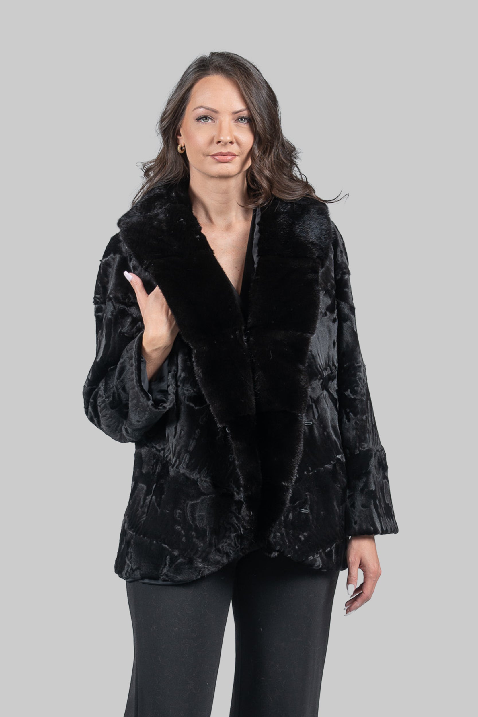 Black Swakara with Extended Mink Shawl Collar Fur Jacket V/K19C123
