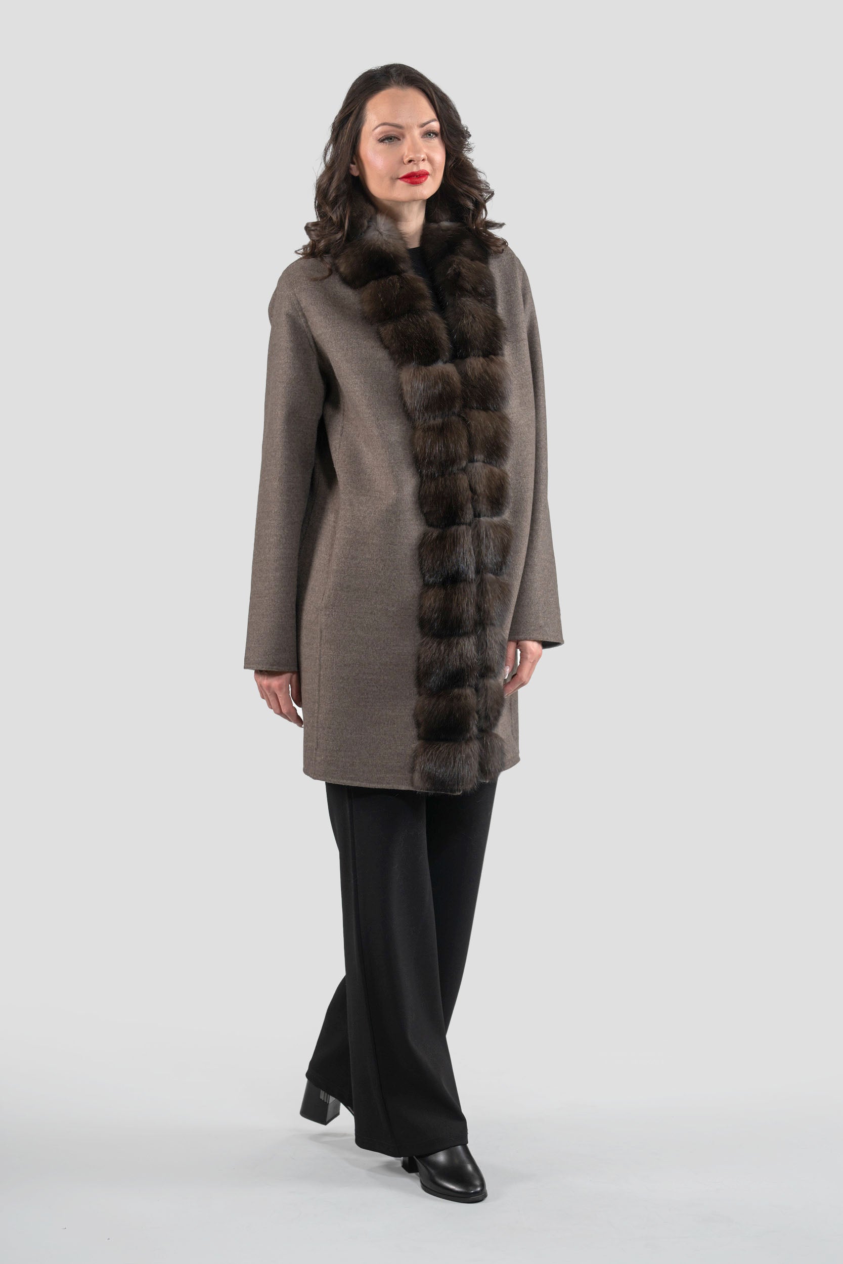 Grey Brown Cashmere Half Coat with Russian Sable Trim 21C6080
