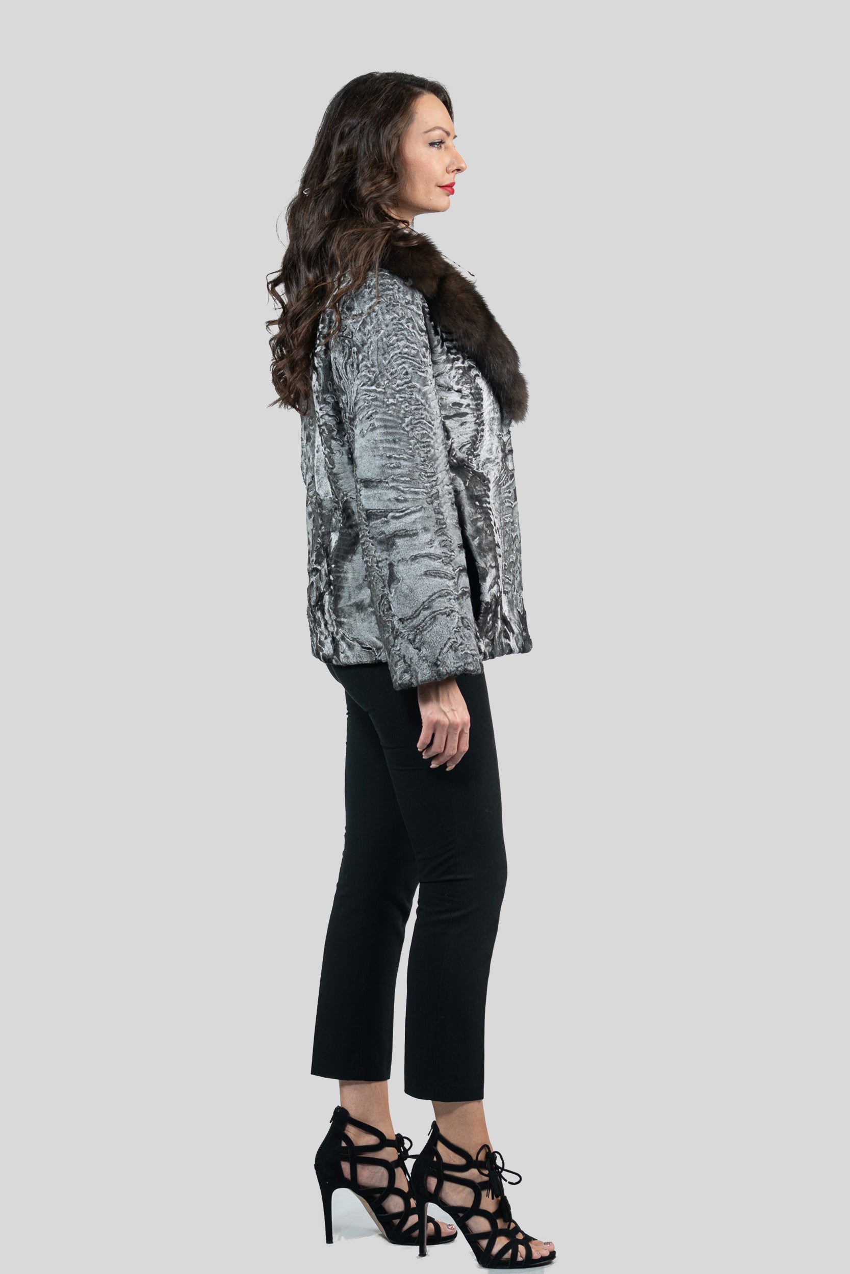 Silver Swakara Jacket with Russian Sable Notch Collar S/S13C528