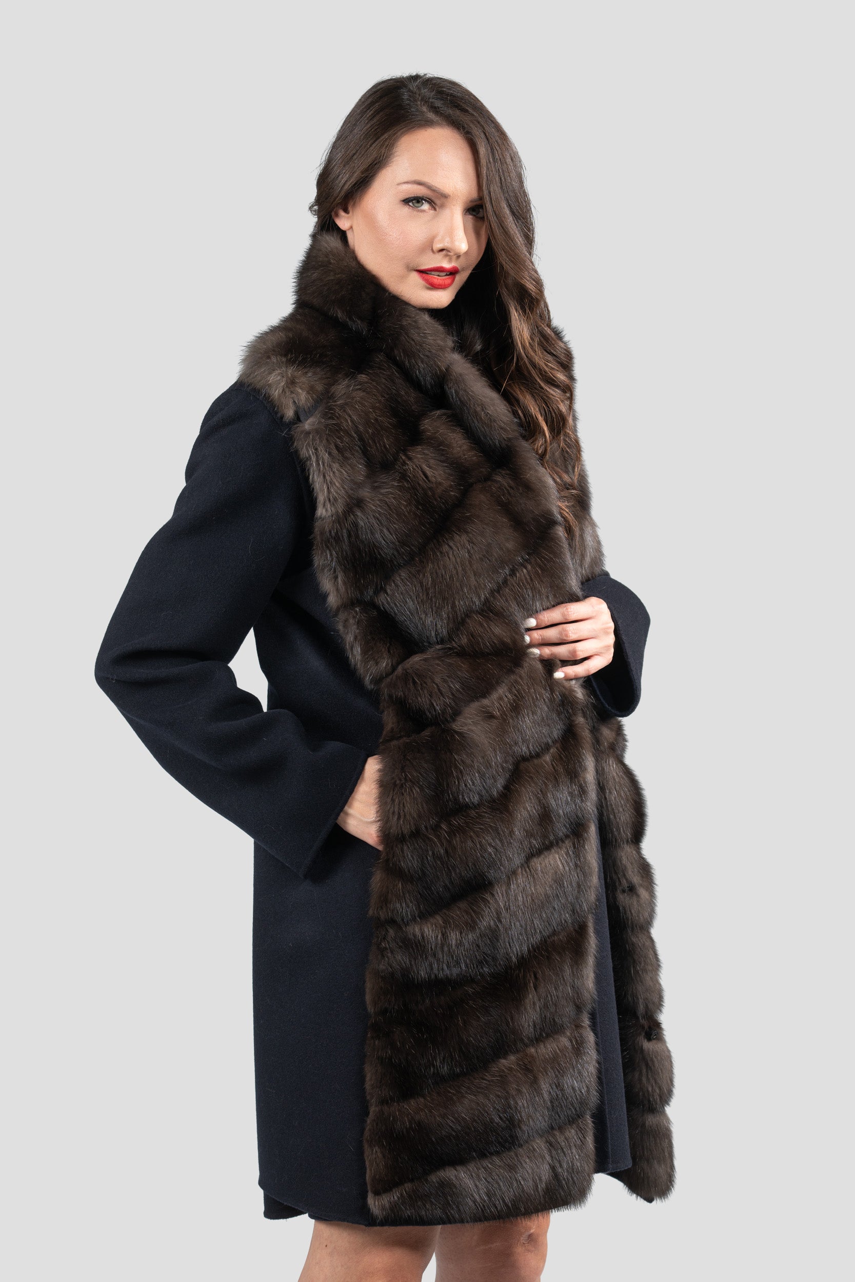 Blue Black Cashmere Half Coat & Vest with Russian Sable Trim 17C8003