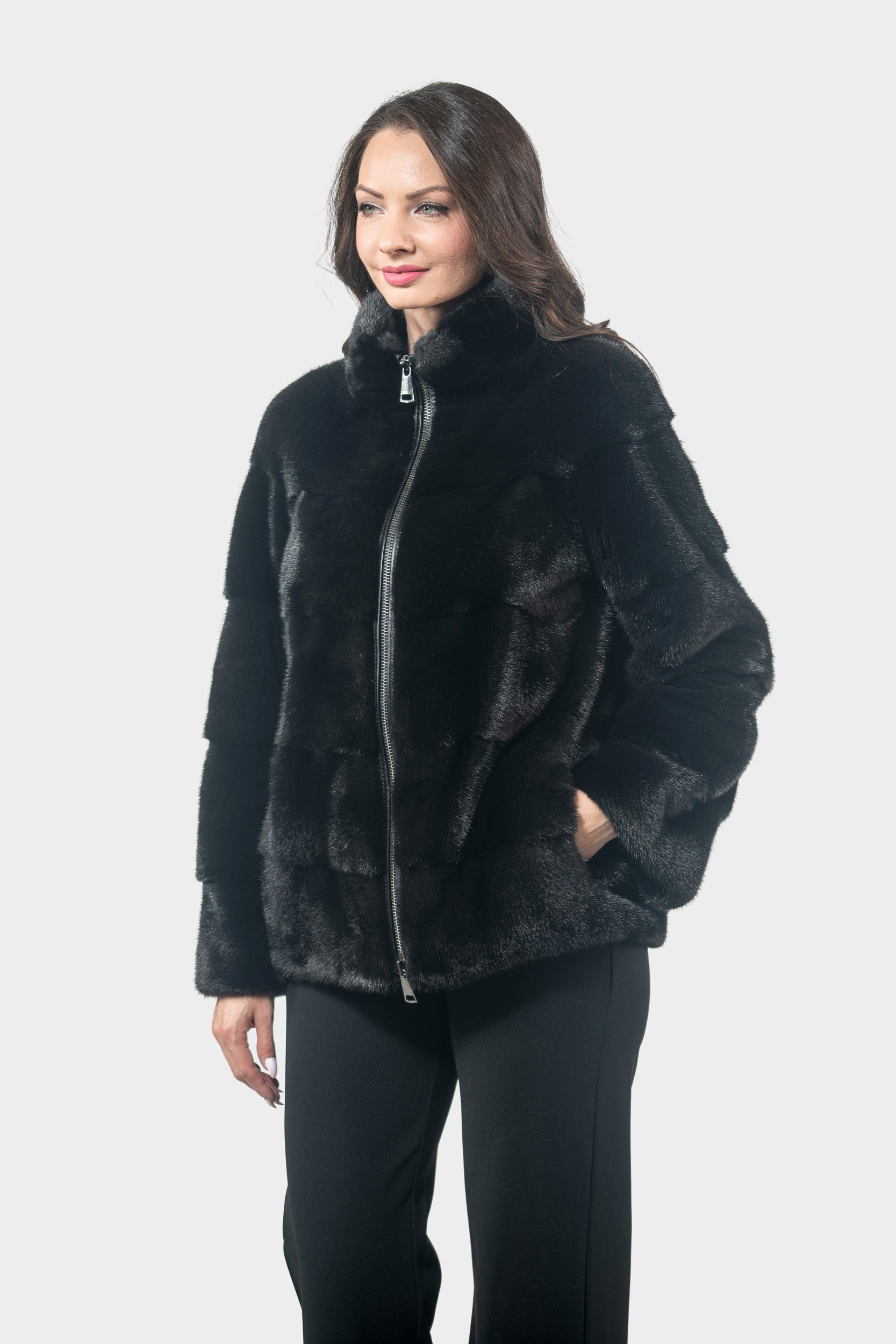 Black Mink Jacket with Stand Collar and Zipper P/K13C224