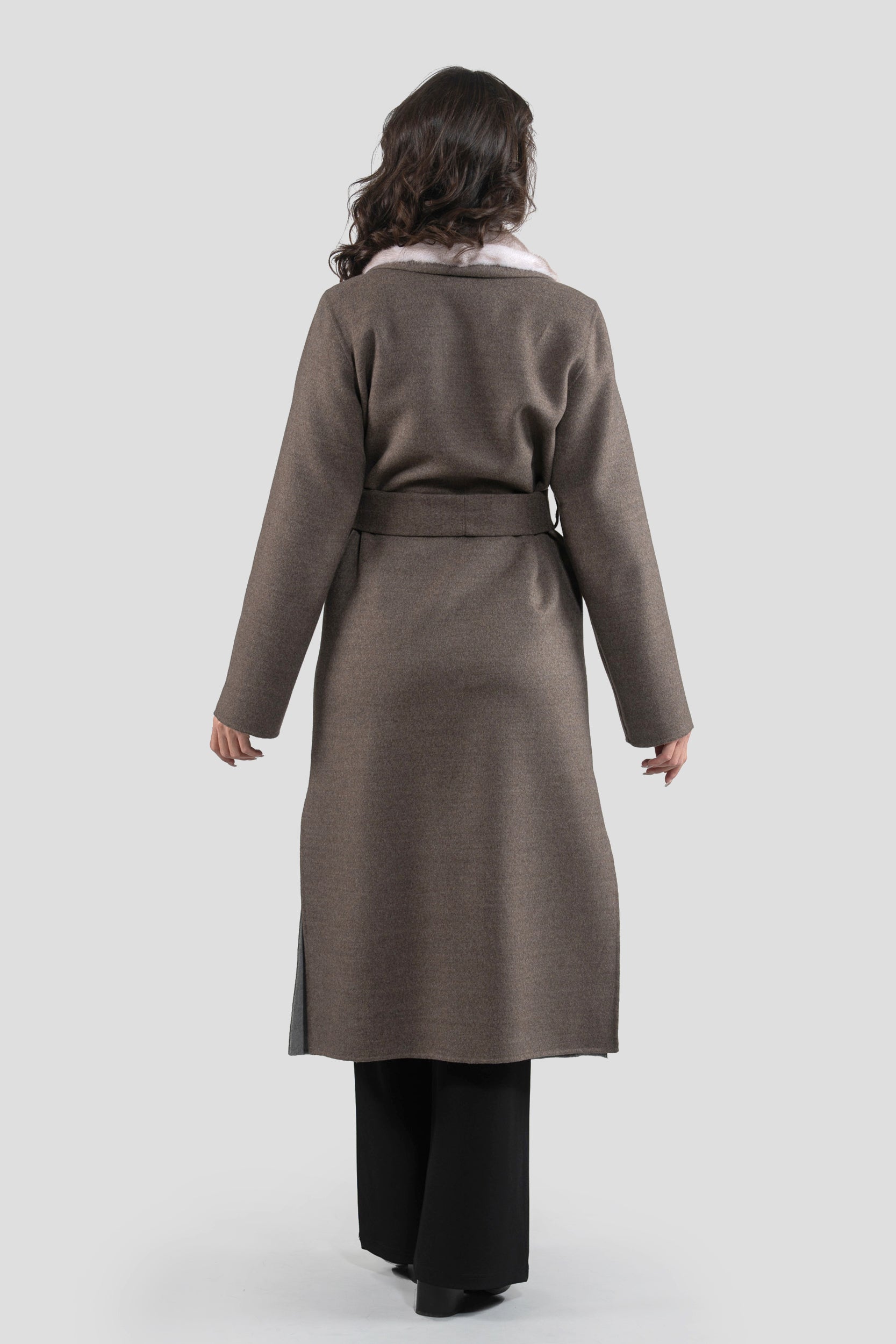 Brown Grey Cashmere Coat with Mink Trim 3321