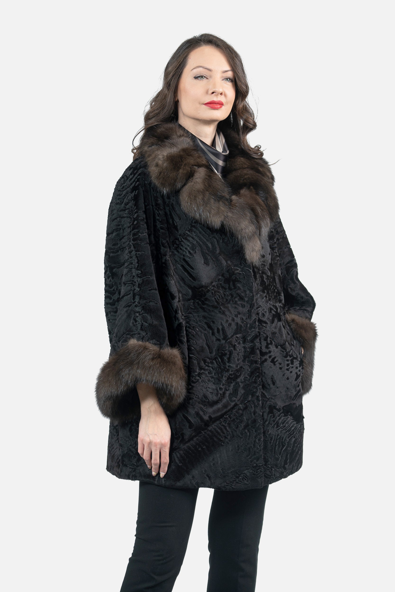 Black Swakara Cape with Russian Sable Notch Collar A/K13C848gs20v30
