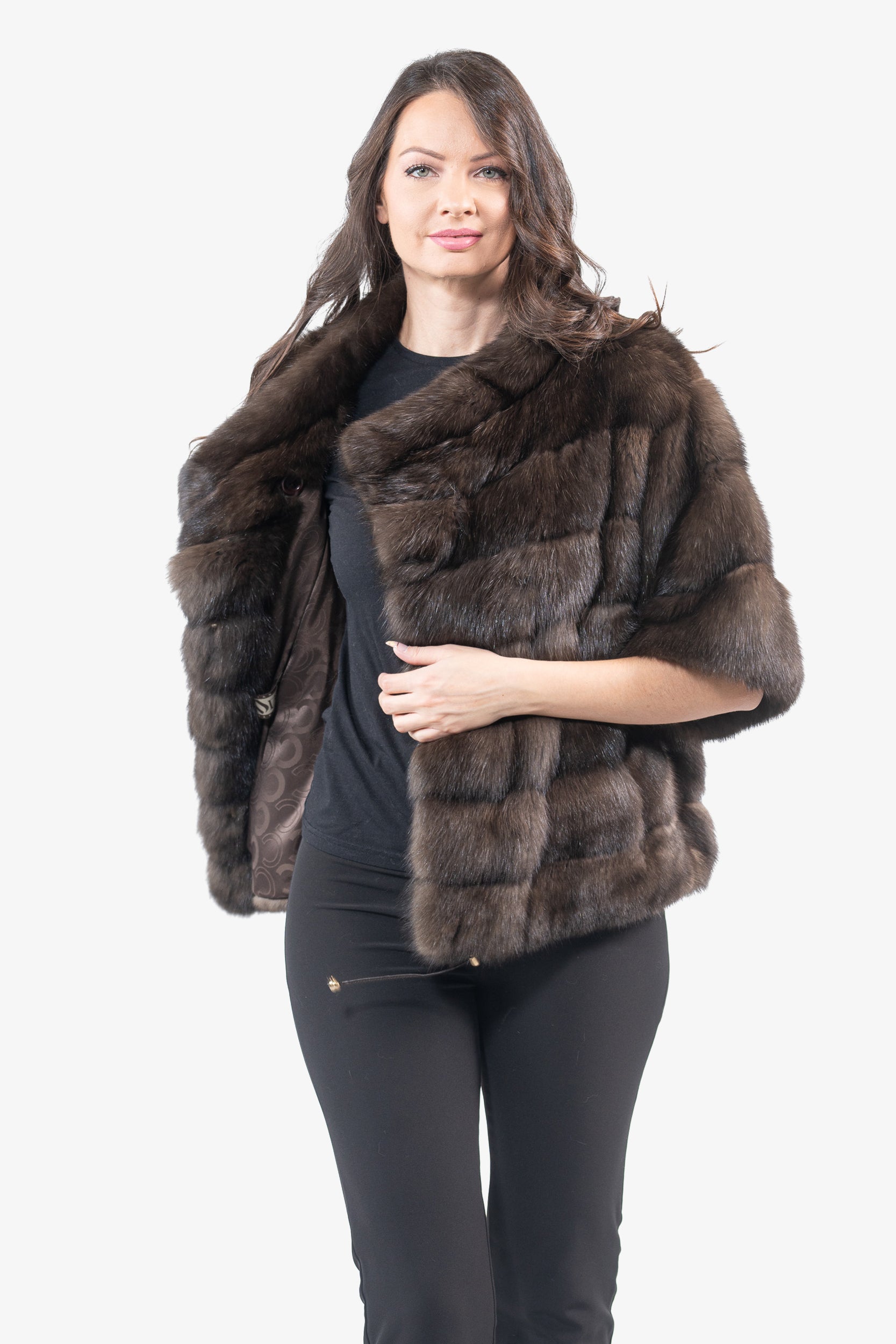 Dark Russian Sable Jacket with Stand Collar and Short Sleeves P/K13C139