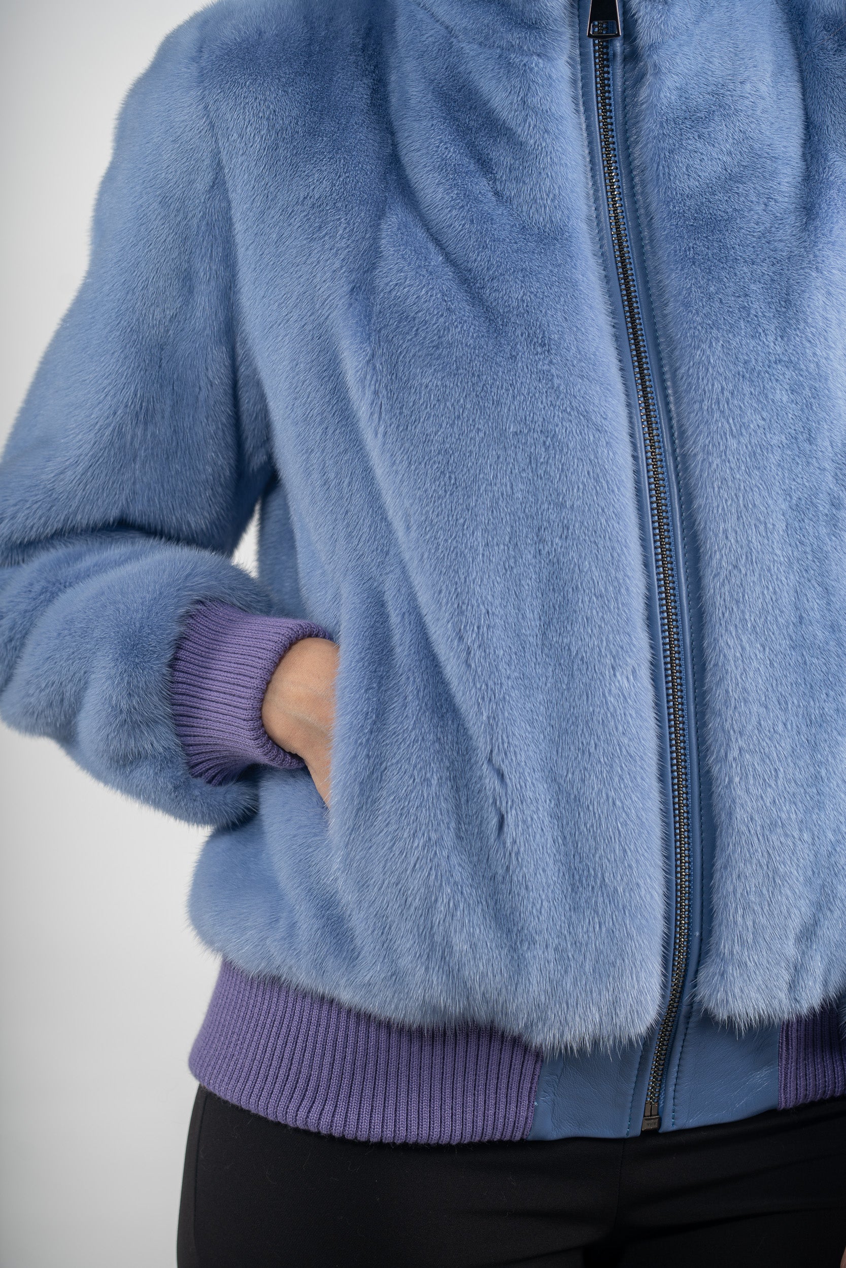 Aqua Marine Mink Bomber Jacket with Stand Collar L/O13C224