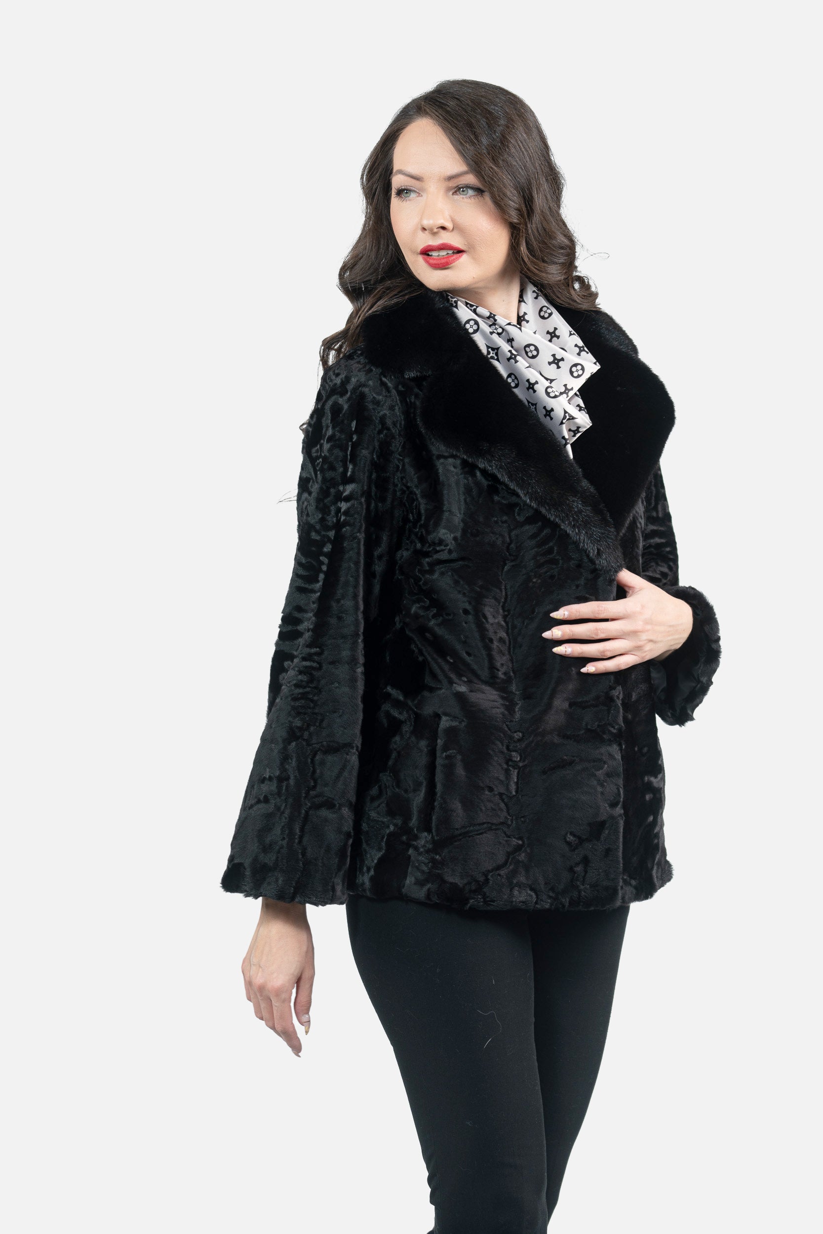 Black Swakara Jacket with Mink Notch Collar S/S13C528s20