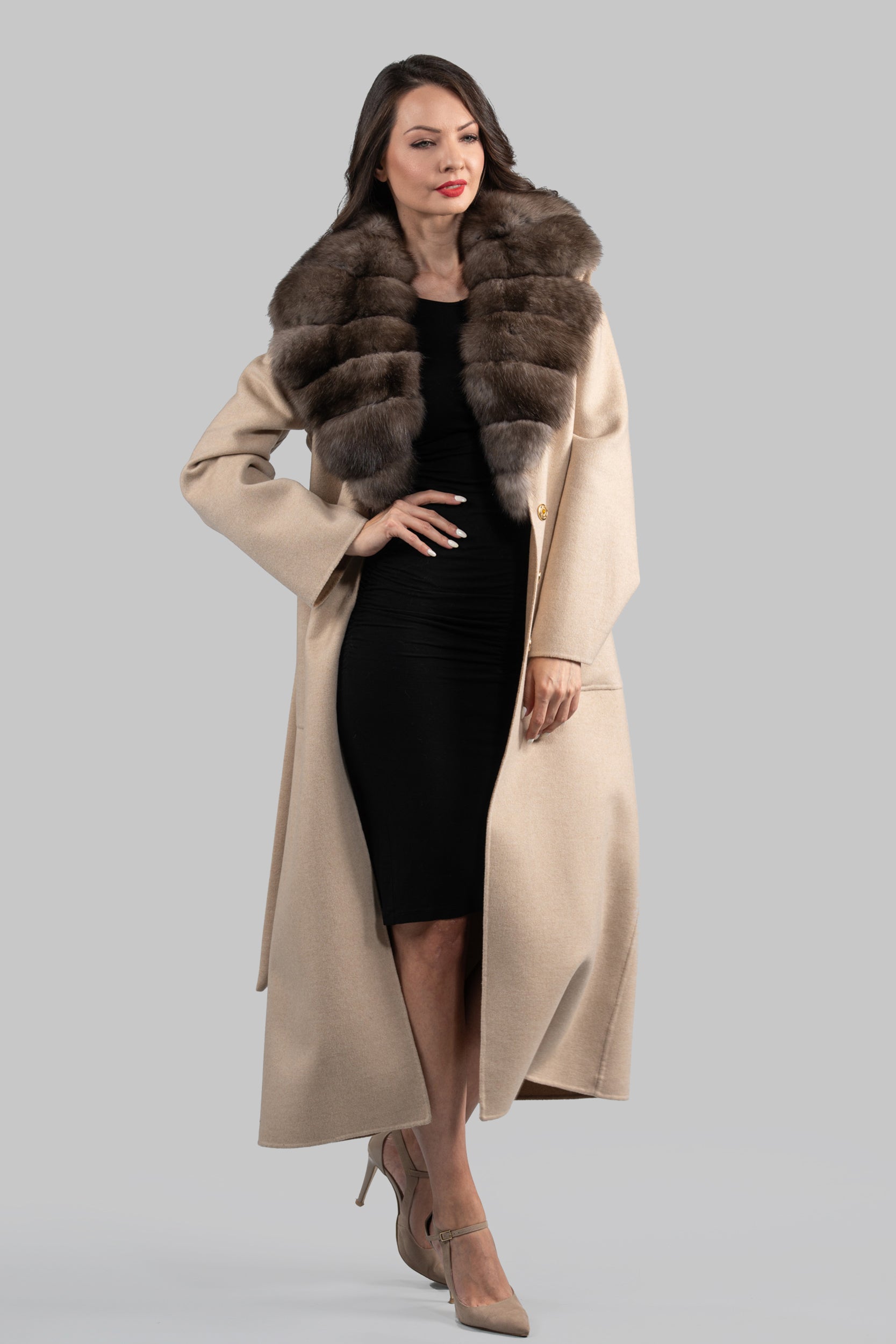Ecru Cashmere Coat with Russian Sable Notch Collar 22CA235